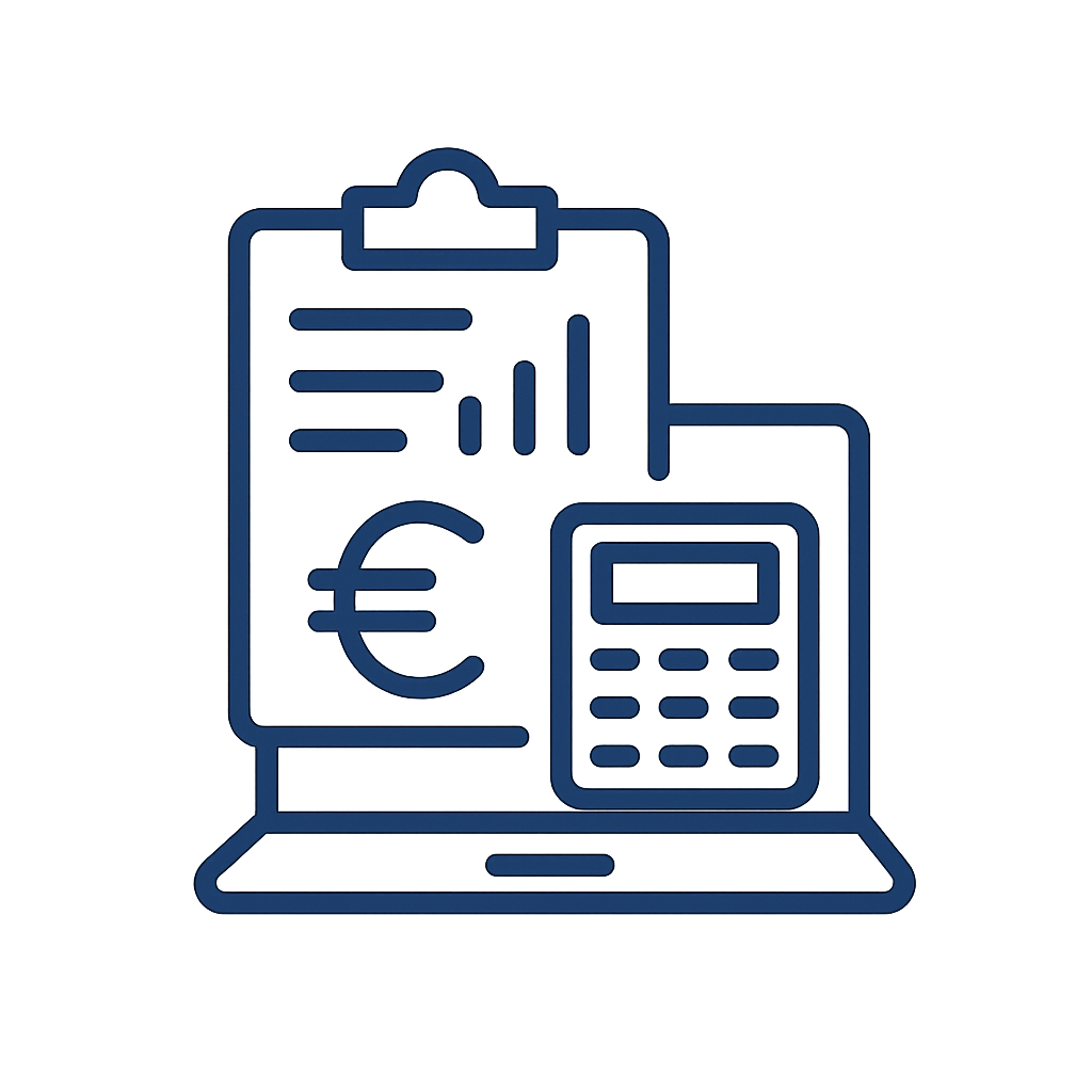 Digitale Illustration eines Laptops mit einem Bildschirm, auf dem ein Dokument mit Euro-Symbol und einem Kassenbaum geschrieben ist, sowie einem Taschenrechner daneben.