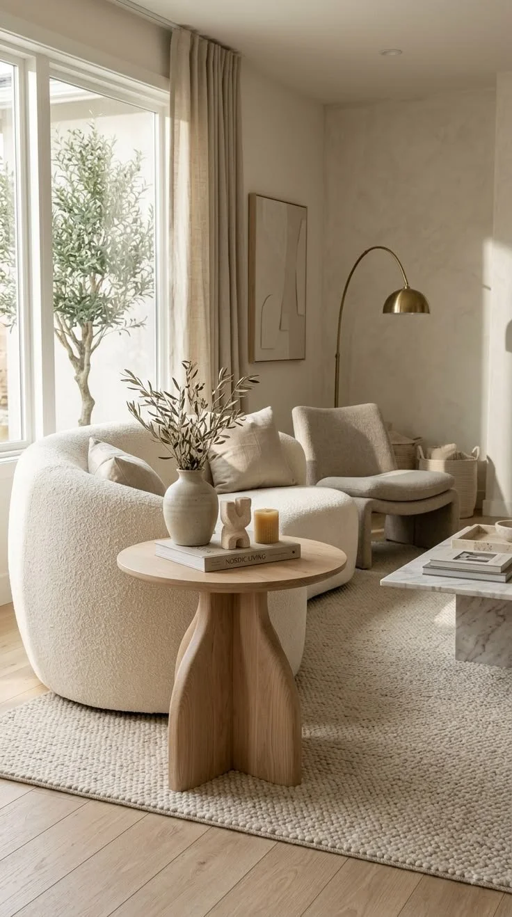 Et lyst og koselig stueinnredning med beige sofa, puter, et rundt trebord med vase og dekorasjoner, og store vinduer med gardiner, samt et gulvlampe med messingfinish.