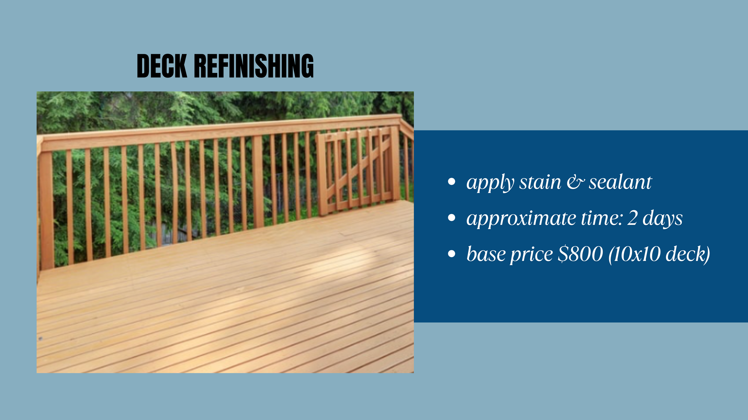 Image of a wooden deck with a railing, surrounded by green trees in the background.