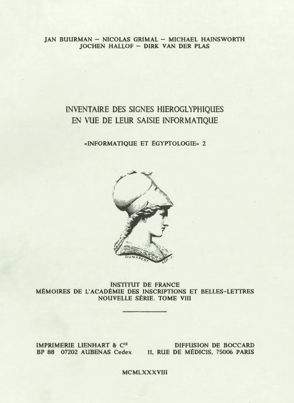 Tome 8. Inventaire des signes hiéroglyphiques en vue de leur saisie informatique.