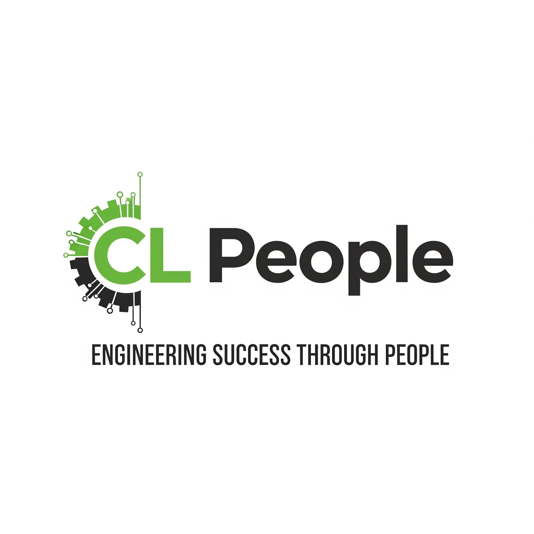 Logo with the text 'CL People' and the tagline 'Engineering Success Through People'. The logo features a green and black circular gear design on the left.