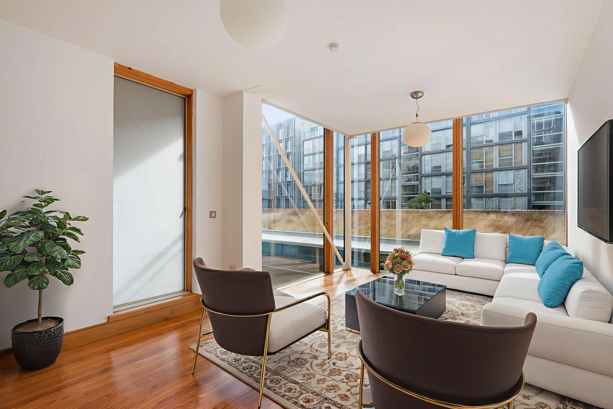 Modern living room with large windows, white sectional sofa with blue cushions, two black and white armchairs, a glass coffee table with a flower vase, a potted plant, and a wall-mounted TV.