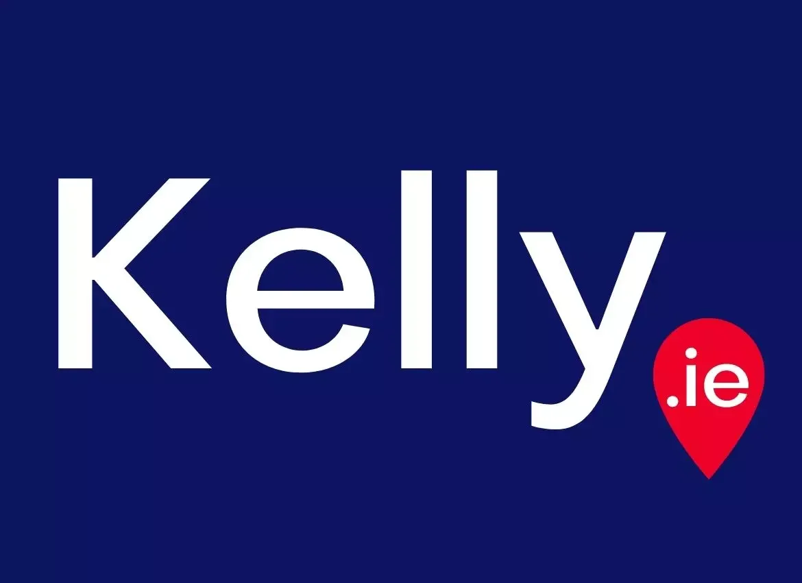Kelly .ie logo with blue background, white text, and red location marker with white text