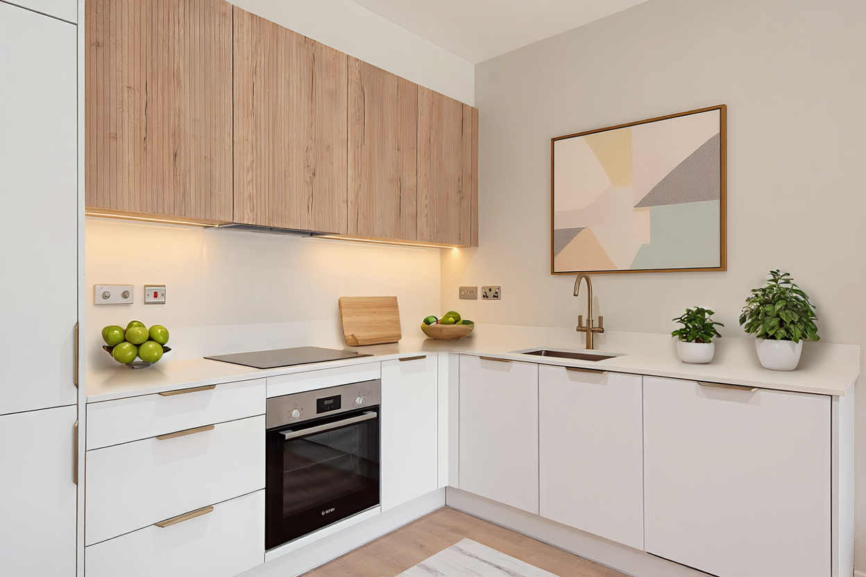 Modern minimalist white kitchen with wooden upper cabinets, white countertops, a built-in oven, and green plants on the counter.