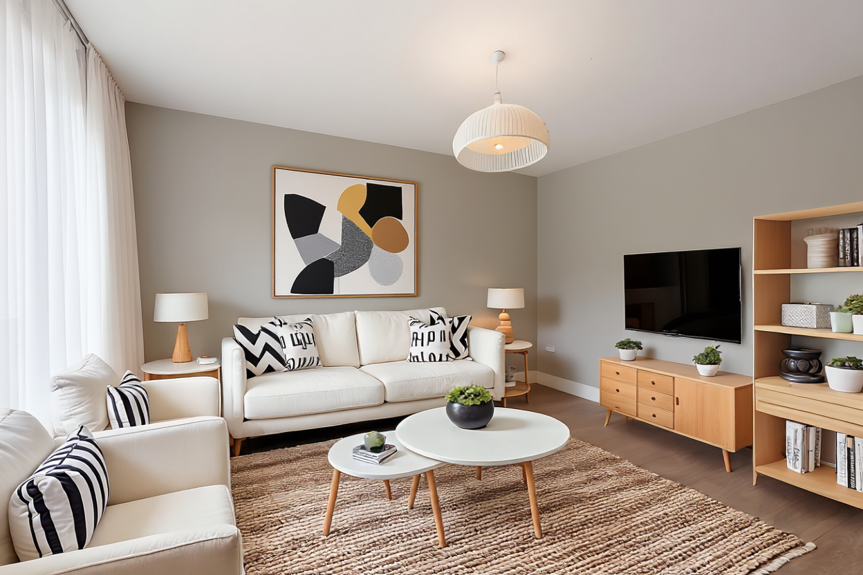 A living room with beige walls, a white couch, and a matching armchair. There are black and white pillows on the furniture. A wooden coffee table with a small plant and a book, a side table with a lamp, and a TV on a wooden stand. Artwork hangs on the wall, and a patterned rug covers the floor. A bookshelf with books and decorative items is also visible.