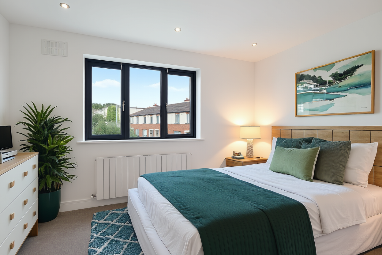 A modern bedroom with a large bed covered in white bedding and a dark green throw blanket. There are two green pillows and two white pillows on the bed. A wooden nightstand with a lamp and phone is beside the bed. A large abstract landscape painting
