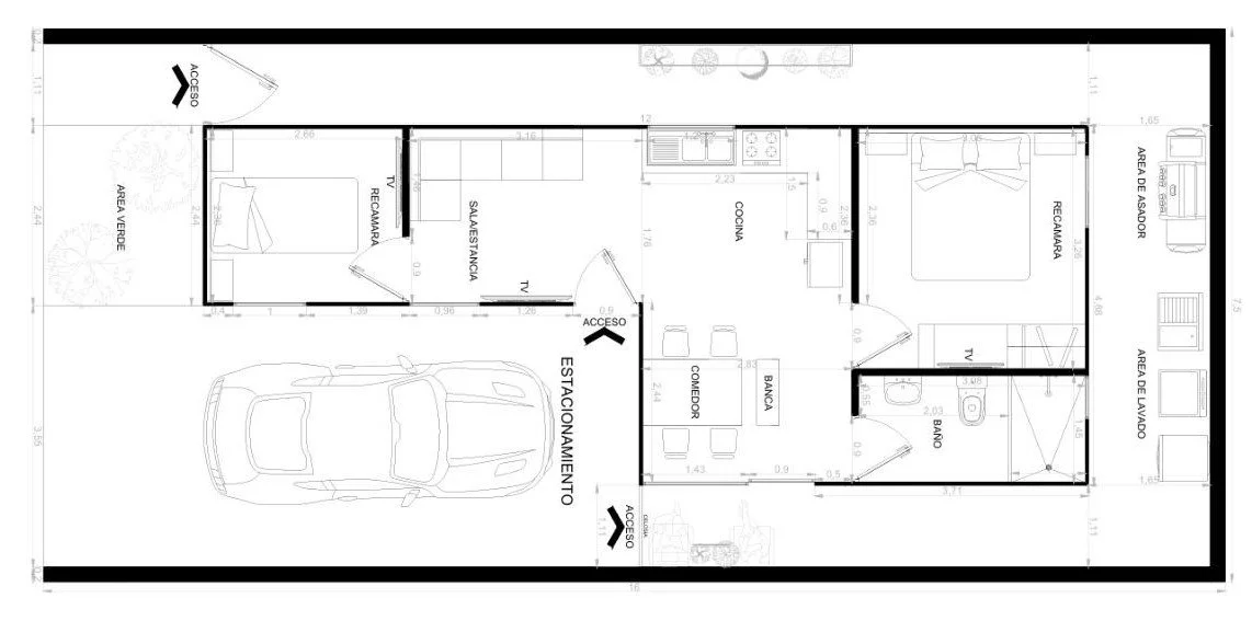 PLAYA MODEL 2 BEDROOM/2 RECAMARAS [(1) 8’X40’ + (1) 8’X20’)] 12x4.86 MT²