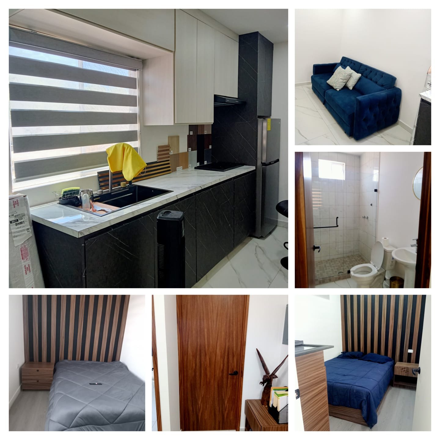 Collage of interior home spaces including a kitchen with black and white cabinetry, a blue sofa, a bathroom with a toilet and shower, two bedrooms with wooden headboards, and a hallway with a wooden door.