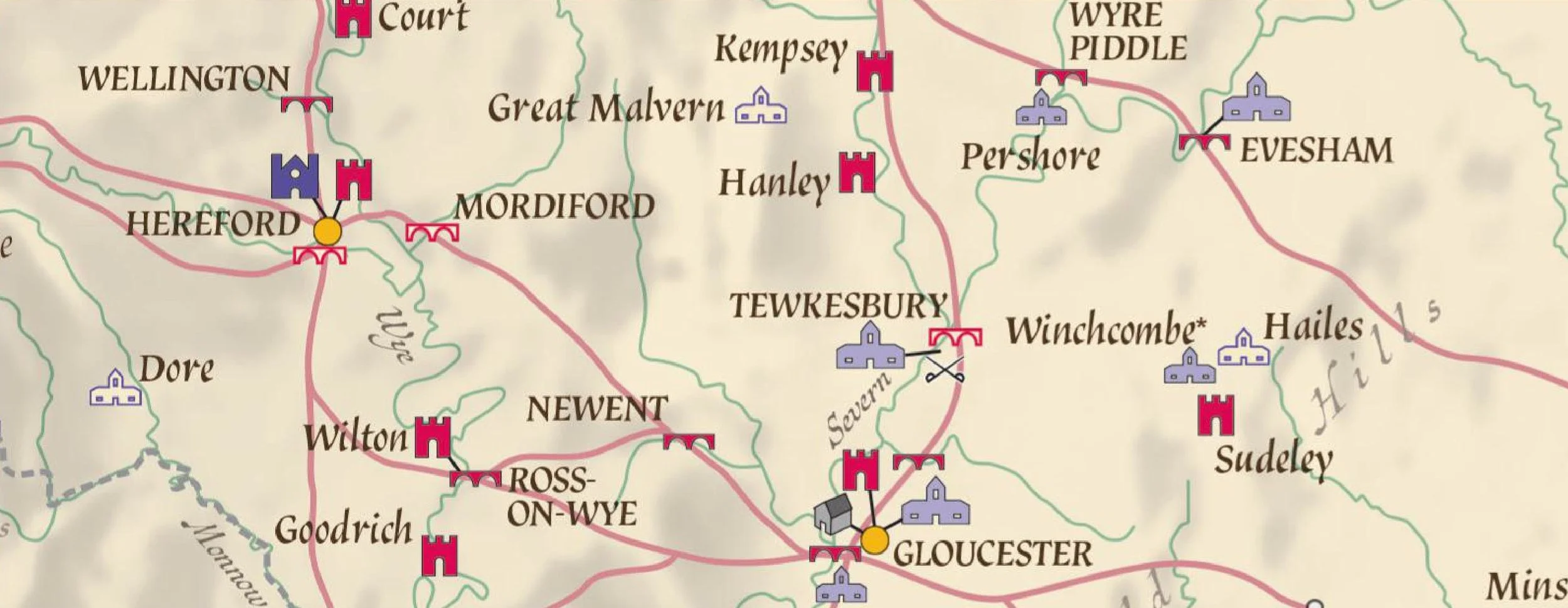 Map of towns and villages with icons representing landmarks and routes, including Gloucester, Hereford, Ross-on-Wye, and others.