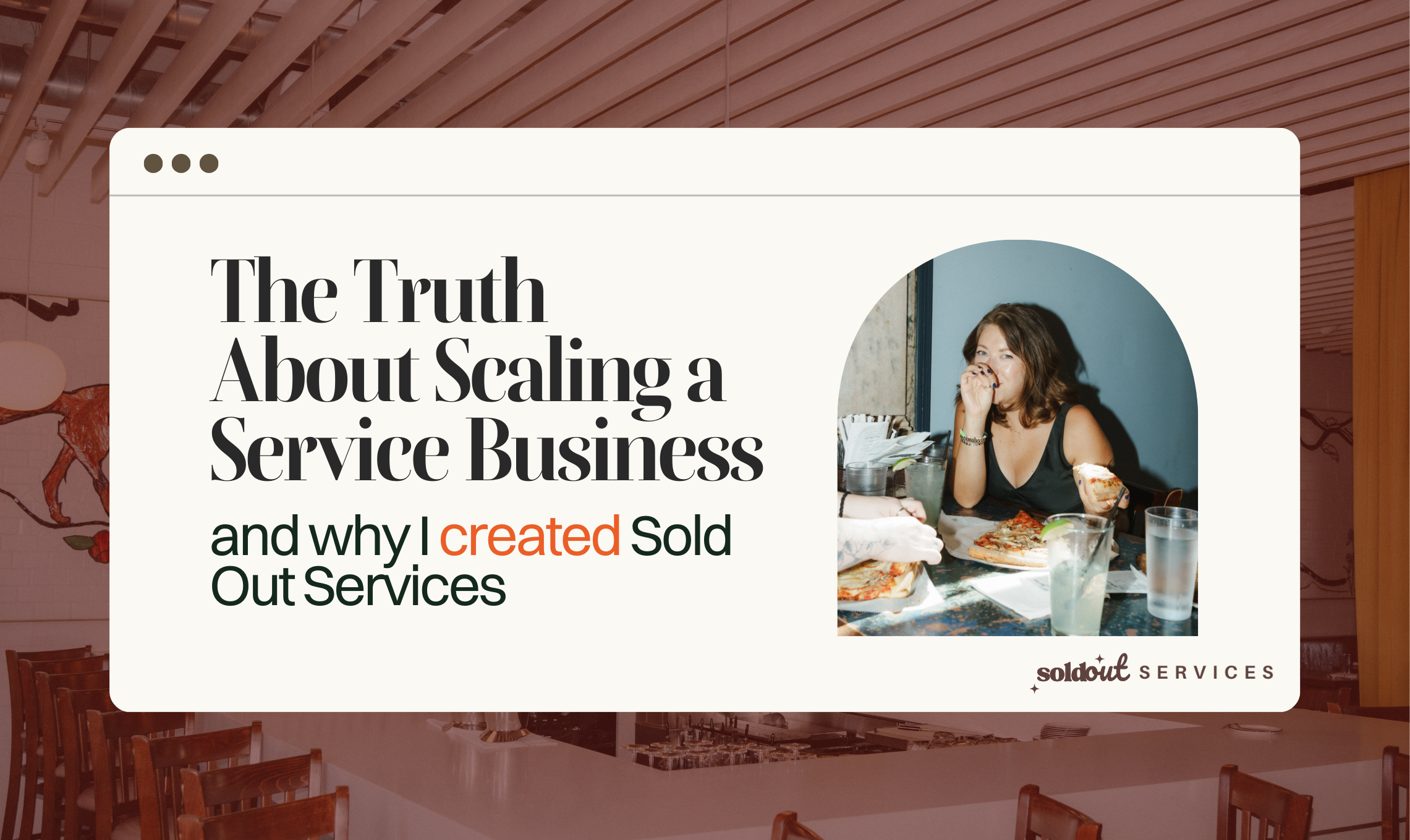 A candid moment of a woman enjoying pizza at a restaurant, representing the real-life journey of scaling a service business with authenticity and ease.