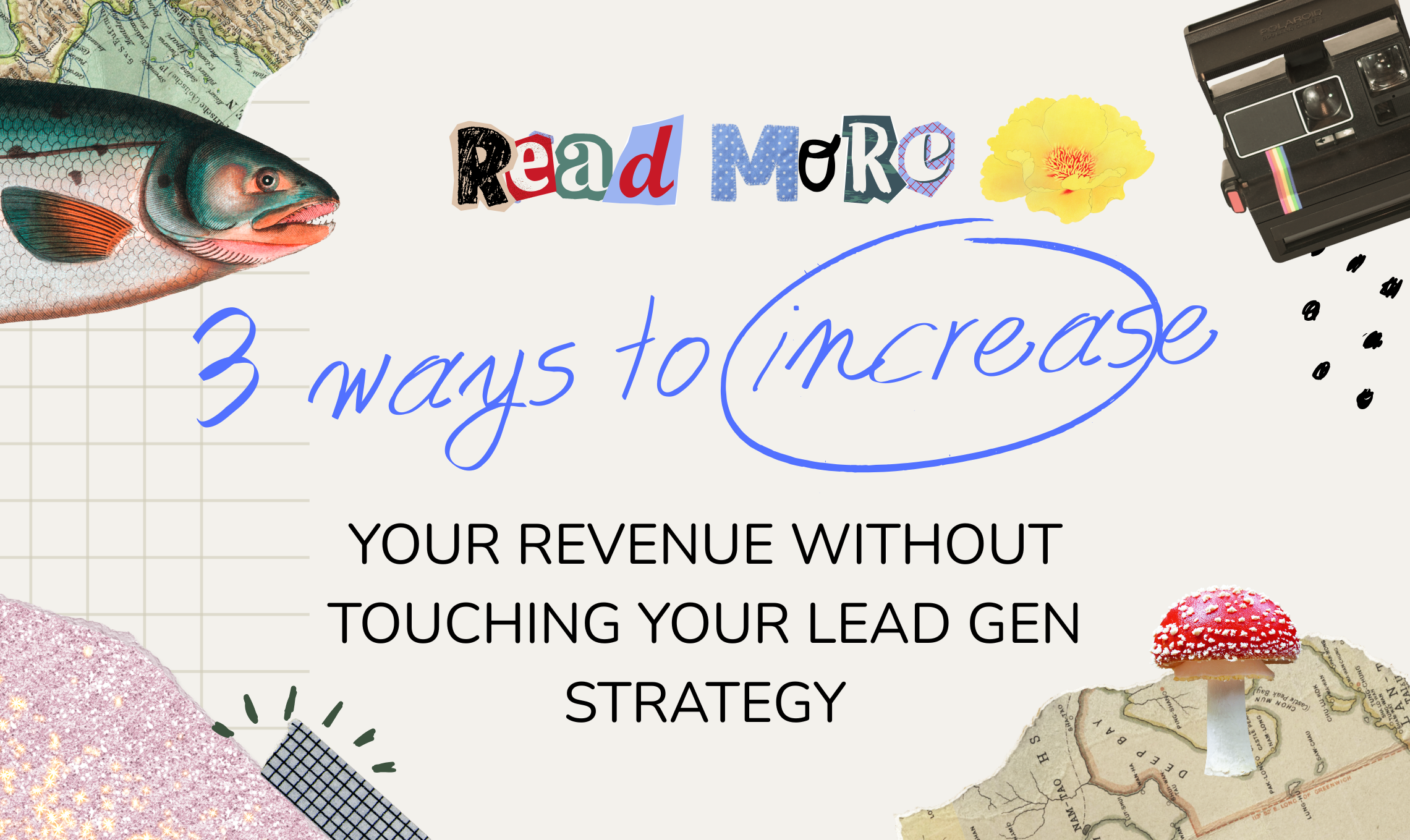 Businesswoman working on laptop in a cafe with iced coffee, showcasing a slide titled '3 Ways to Increase Your Revenue without touching your lead gen strategy' by Soldout Services