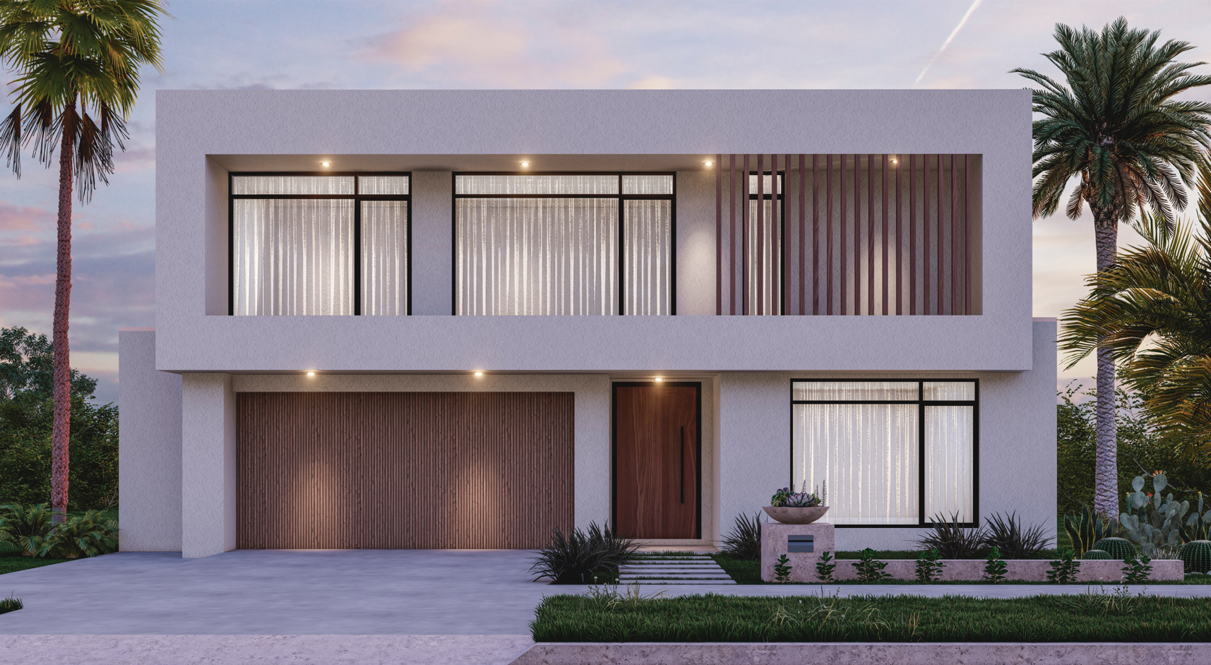 A modern two-story house with white exterior walls, large glass windows with curtain blinds, a wooden front door, and vertical wooden slats on a balcony. The house is surrounded by palm trees and desert plants, with a concrete driveway and landscaped lawn at sunset.
