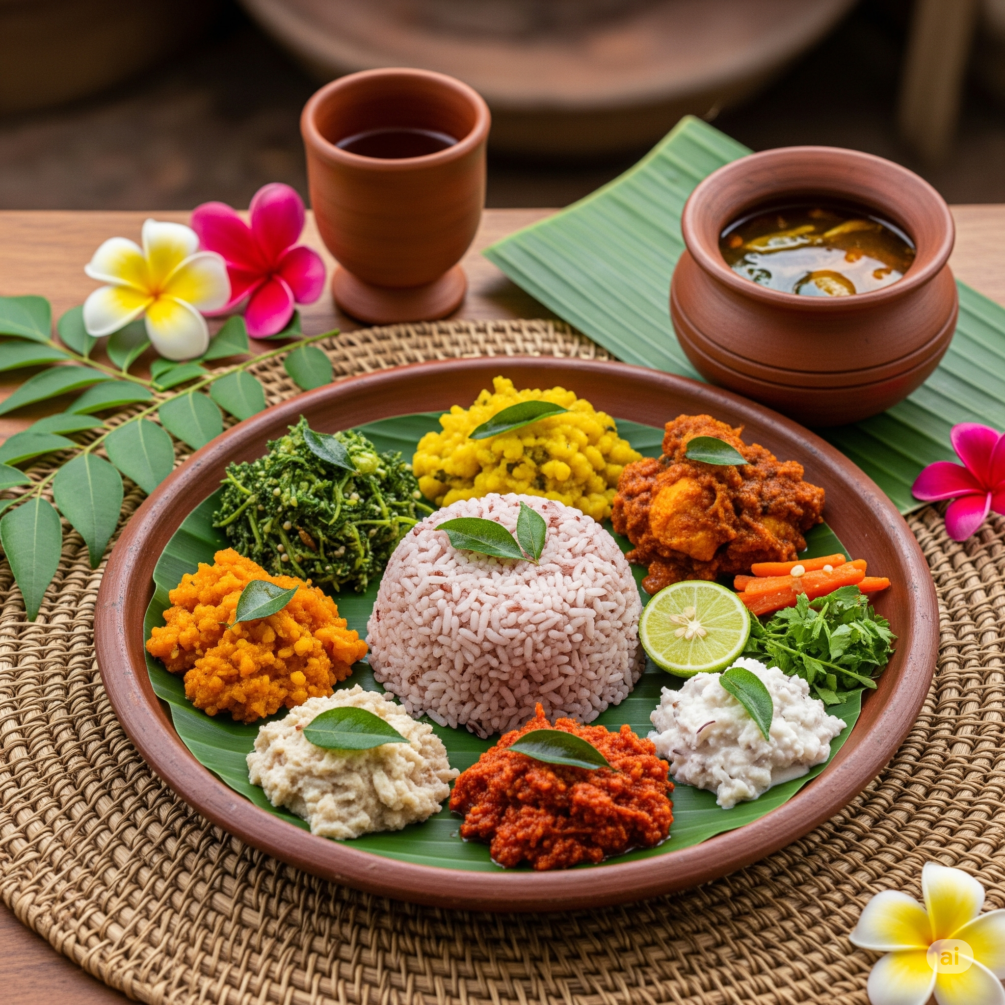 Plate of assorted Indian dishes with rice, vegetables, and curries on a banana leaf, accompanied by lime, herbs, and soup in a pot, with colorful flowers and tea in the background.