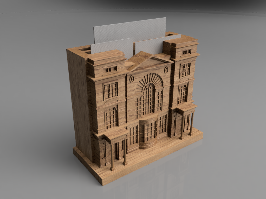 A wooden model of a classic architectural building with large windows and columns, with paper behind for 3D effect.
