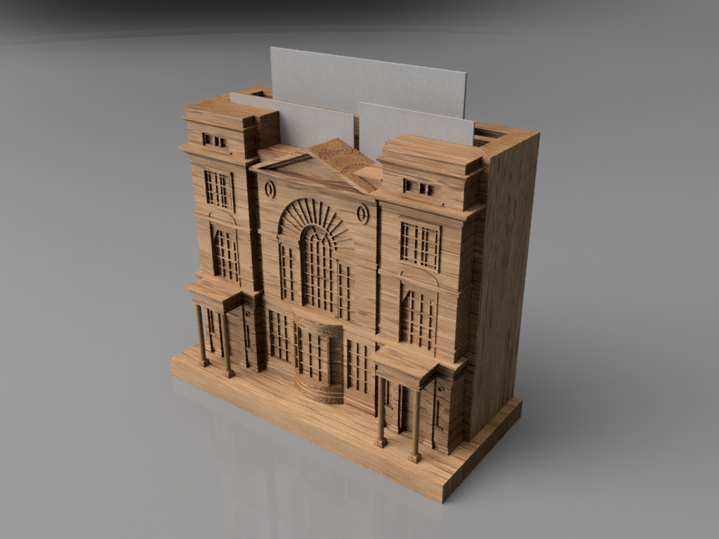 A wooden model of a building with large windows and decorative architectural details, partially filled with paper or foam inserts at the top.
