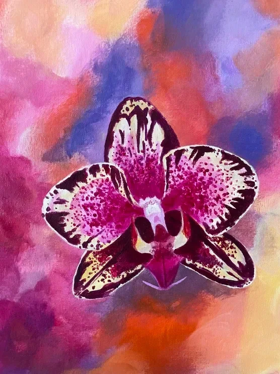 Peinture d'une orchidée violette et blanche avec un arrière-plan coloré abstrait.