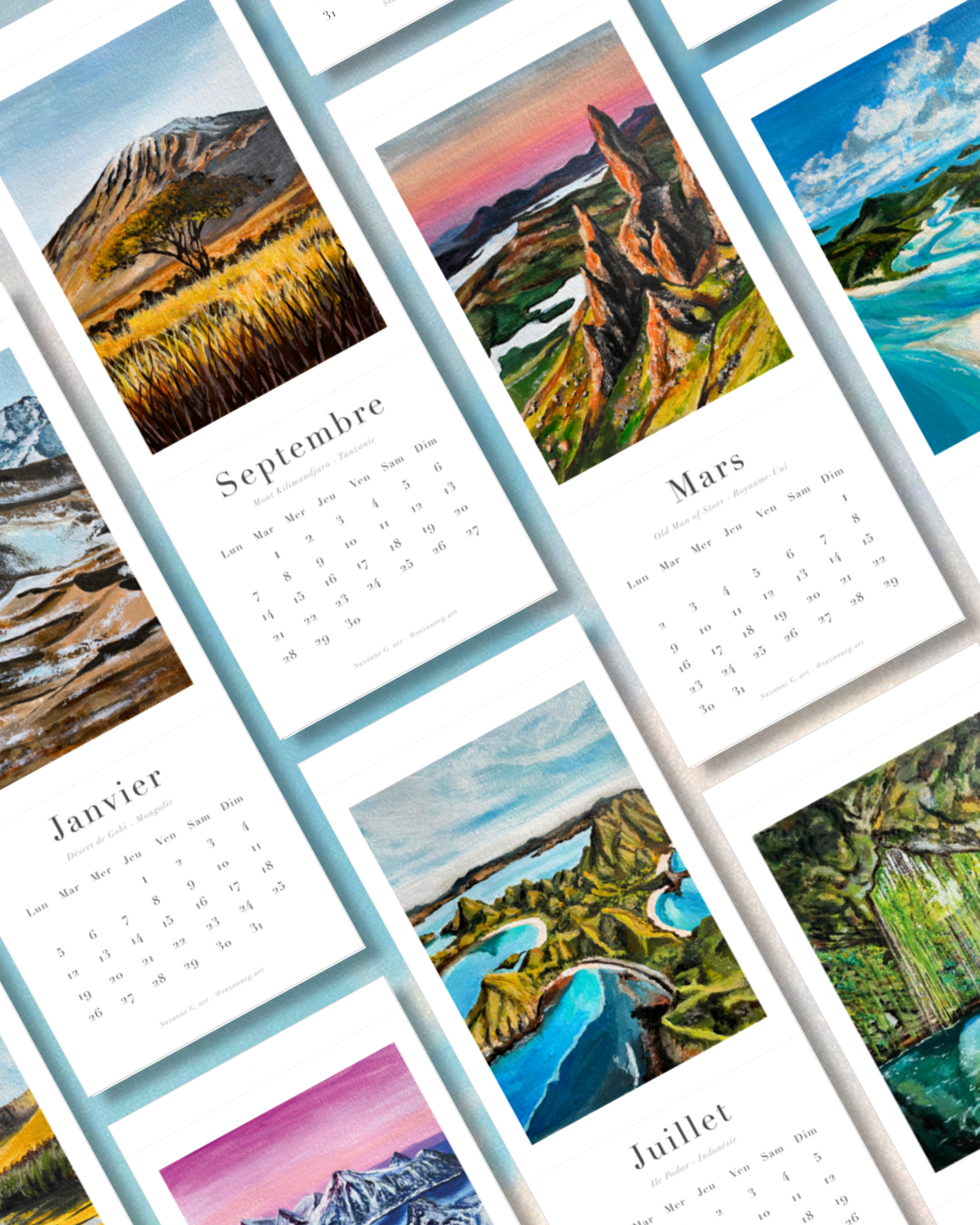 Calendrier mural avec des illustrations de paysages en peinture, chaque mois présentant une scène naturelle différente, comme des montagnes, des rivières et des champs.