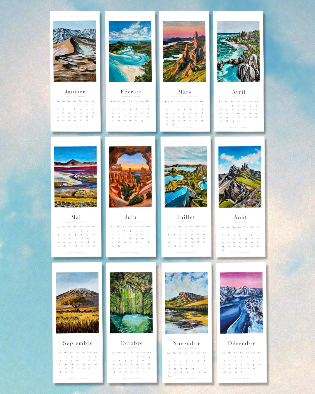 Calendrier illustré avec paysages de différentes saisons, comprenant des montagnes, des rivières, des déserts, et des forêts, pour chaque mois de l'année.