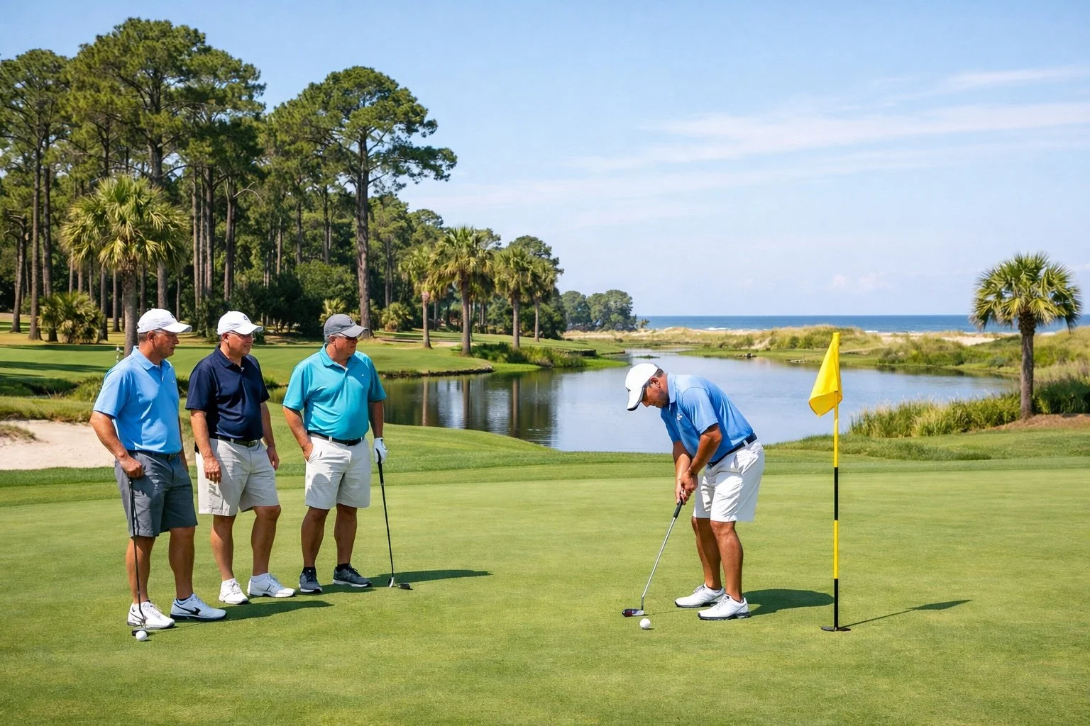 Four men playing golf on a course near water with trees and a blue sky.