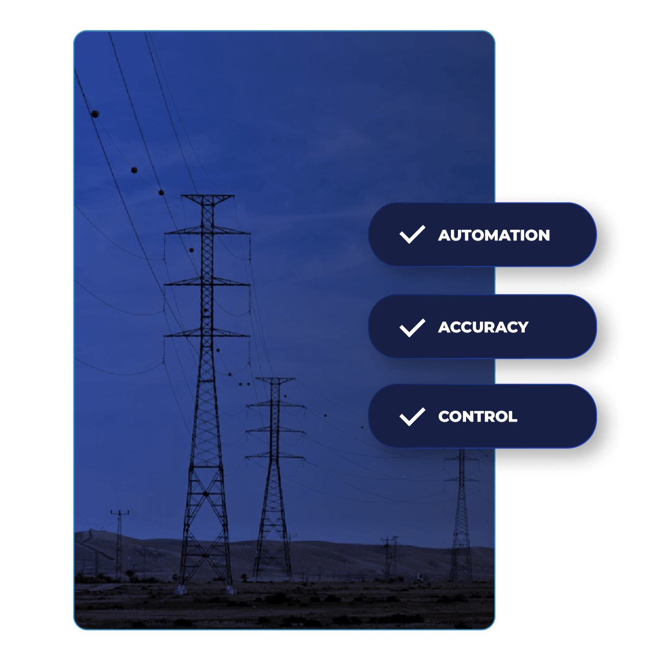 Electric transmission towers and lines against blue sky with a menu overlay showing options 'Automation', 'Accuracy', and 'Control' each with checkmarks.