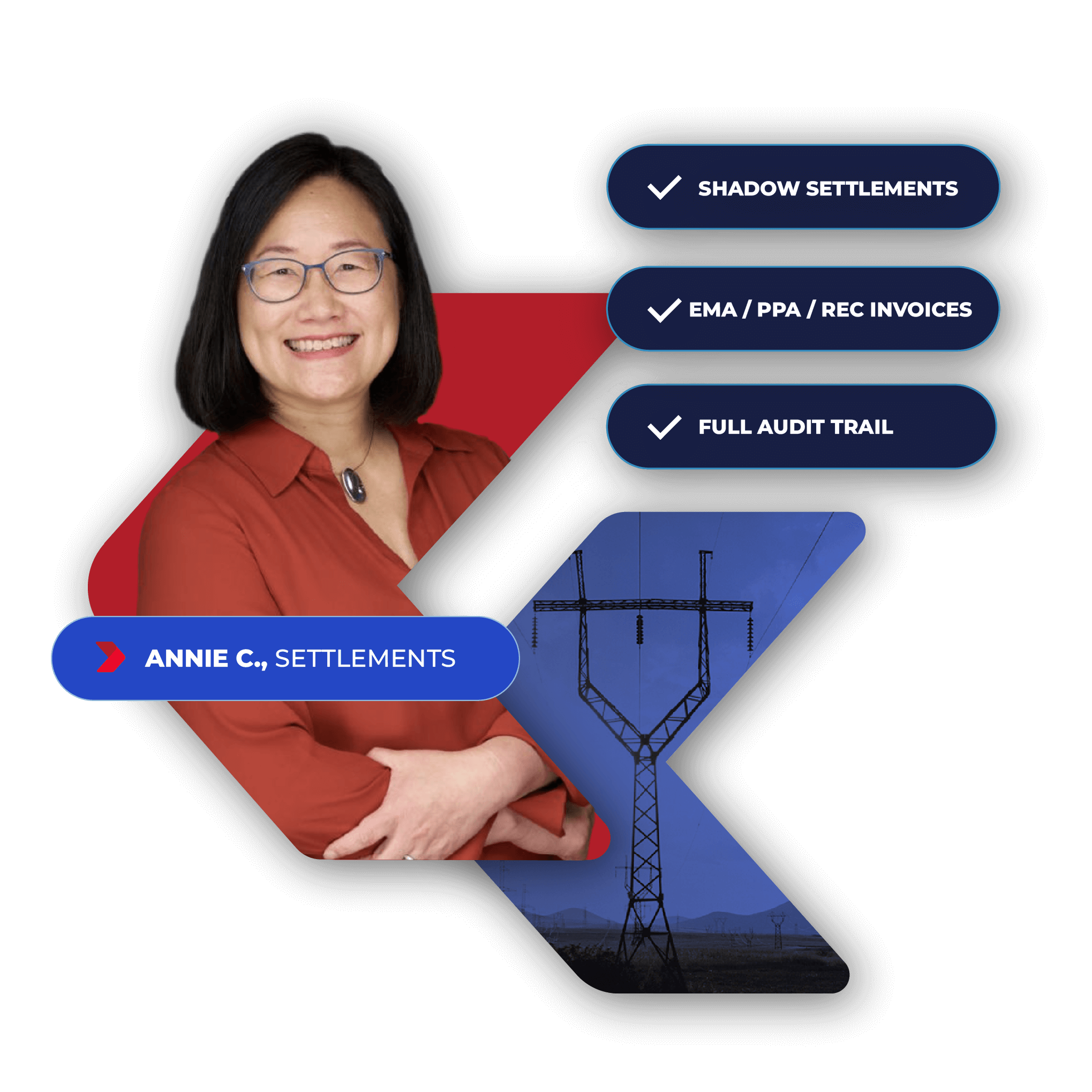 A woman with glasses and a red shirt smiling, overlapping a graphic with check marks, text about settlements and invoices, and an image of electrical power lines against a blue sky.
