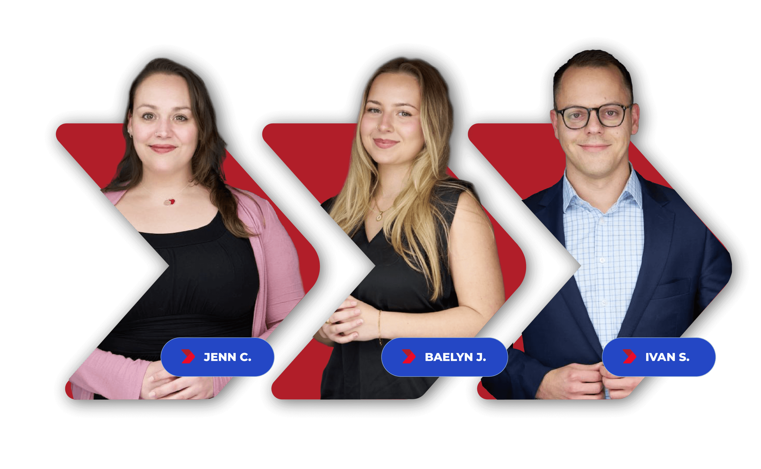 Group of three professional individuals, two women and one man, standing in front of a black background with red graphic elements. The women are labeled Jenn C. and Baelyn J., and the man is labeled Ivan S..