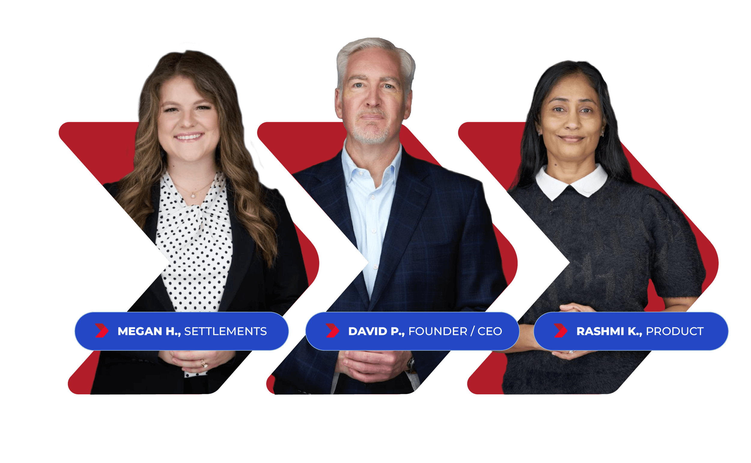 Photo of three professionals in business attire with names and titles: Megan H. from Settlements, David P. the Founder and CEO, and Rashmi K. the Product specialist, set against a black background with red geometric shapes.