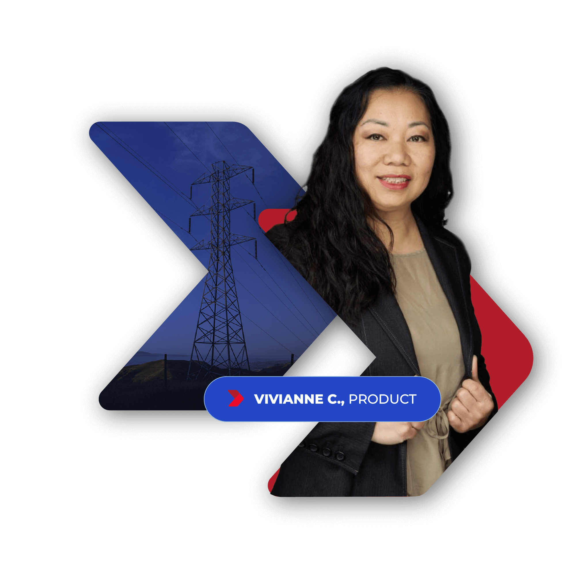 A woman with long black hair wearing a black blazer and beige blouse, smiling and looking at the camera, with a background of power lines, and a label that reads 'VIVIANNE C., PRODUCT'.