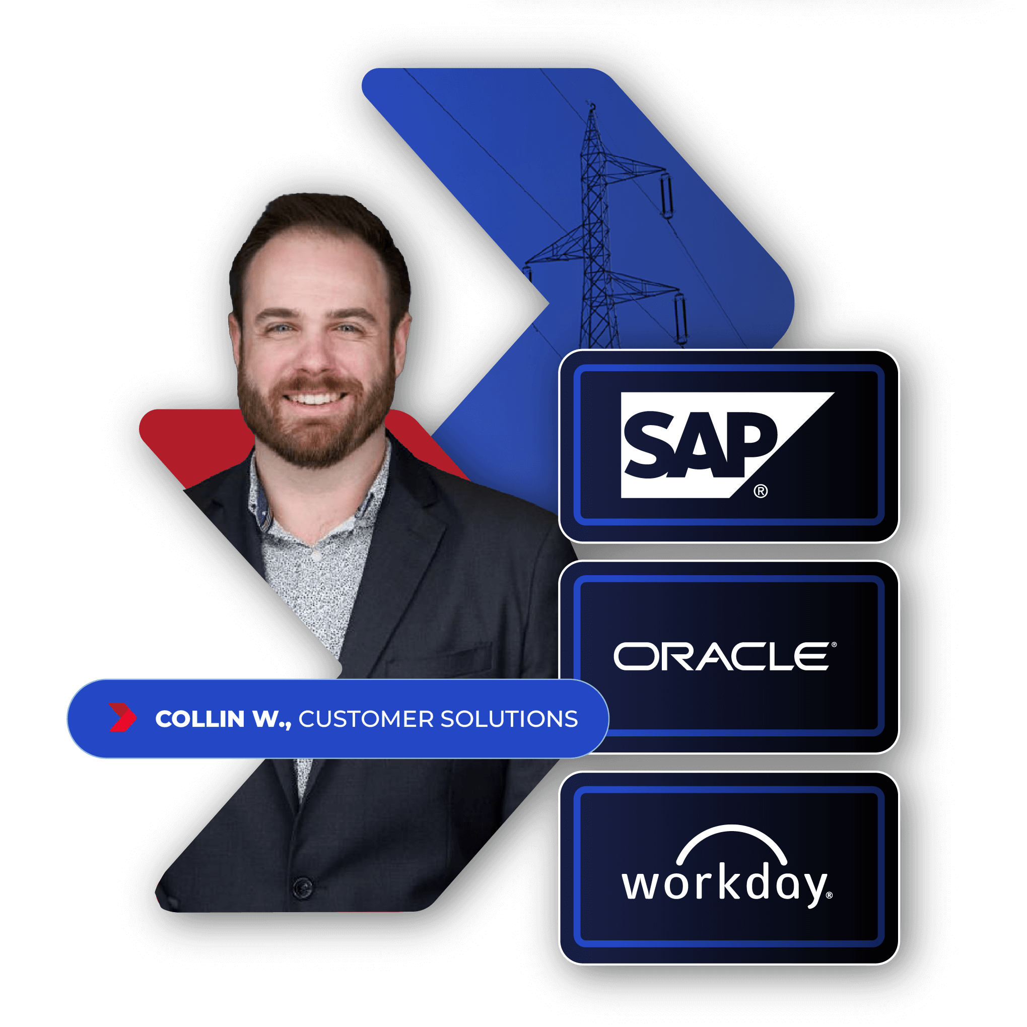 Portrait of Collin W., Customer Solutions, smiling man in a suit, with logos of SAP, Oracle, and Workday on a dark background, and a power line illustration in the background.