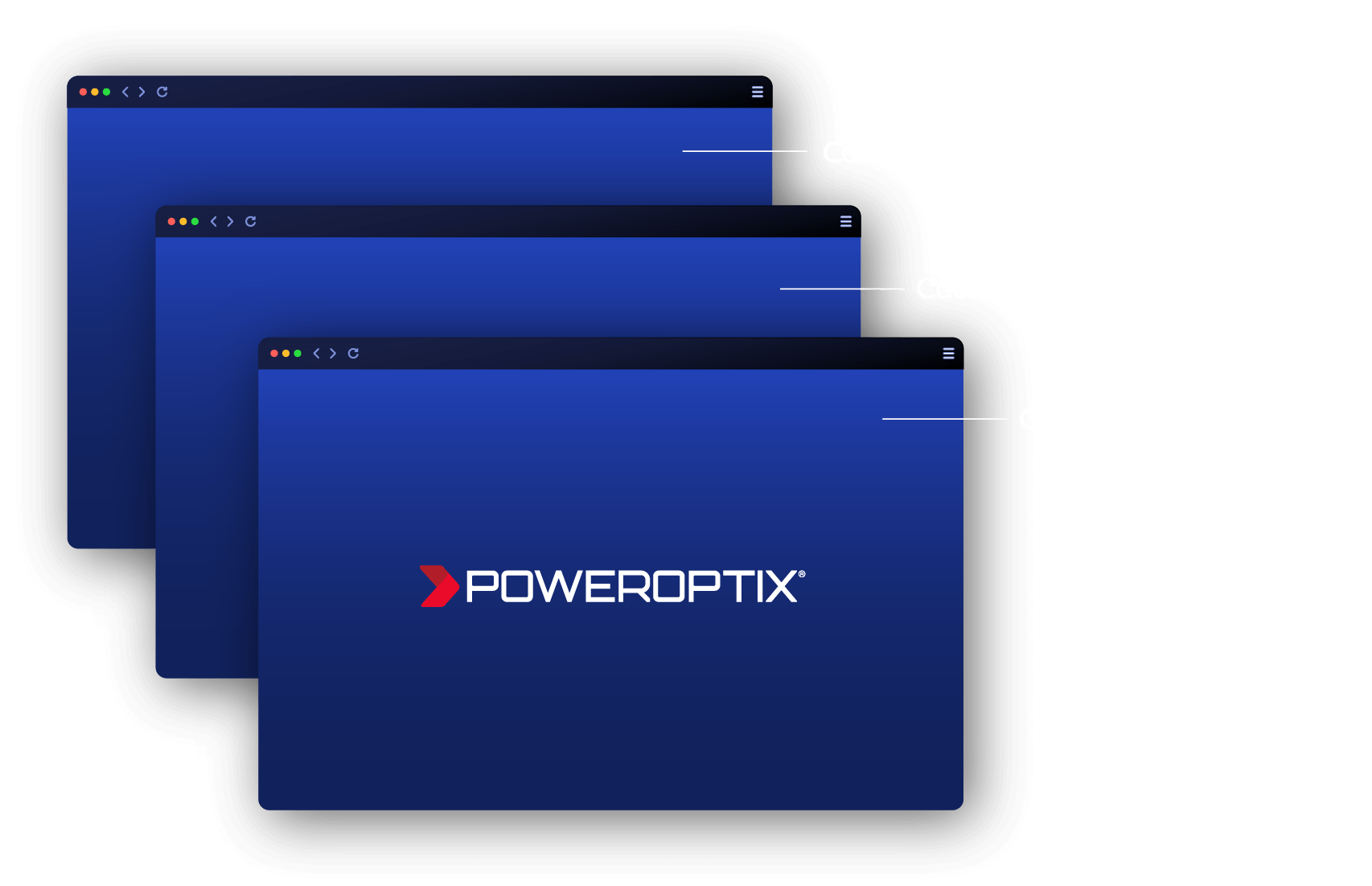 Three overlapping blue computer windows with labels pointing to each: 'Core Market Operations', 'Customer Business Logic', and 'Customer Extensibility'. The front window displays the PowerOptix logo in white and red on a blue gradient background.