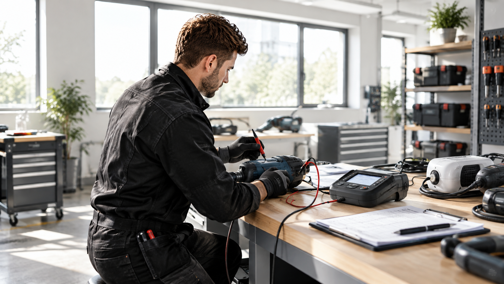 Mann arbeitet an Elektrowerkzeug in Werkstatt.