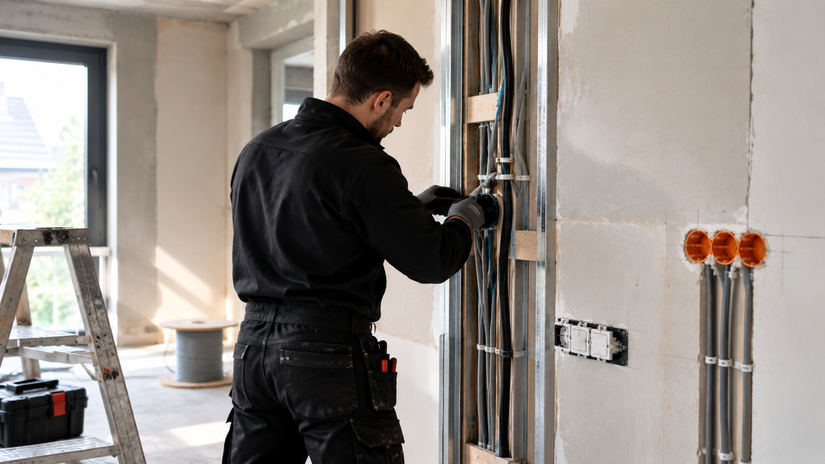 Ein Handwerker arbeitet an Elektroleitungen in einem Haus im Bau.