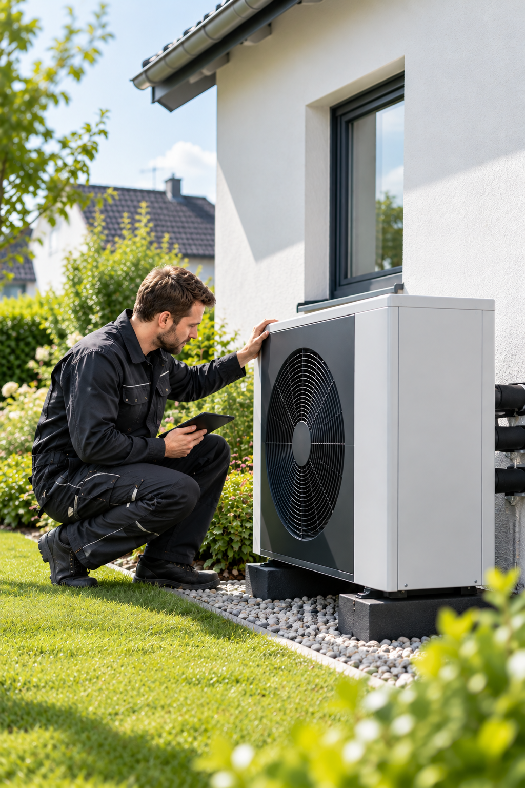 Techniker überprüft eine Klimaanlage im Garten vor einem weißen Haus bei sonnigem Wetter.