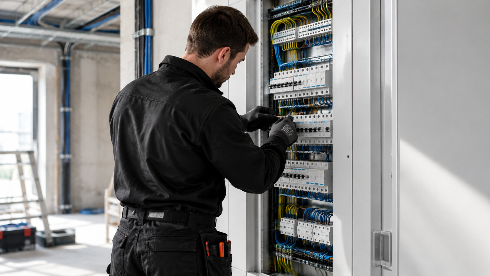 Ein Techniker arbeitet an einem Schaltschrank in einem Bau. Er trägt schwarze Kleidung, Handschuhe und hat ein Werkzeug in der Tasche.