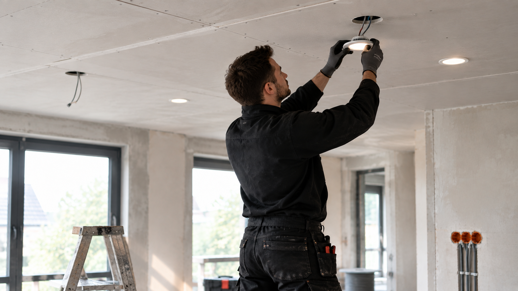 Ein Handwerker installiert eine Deckenleuchte in einem neu renovierten Raum.