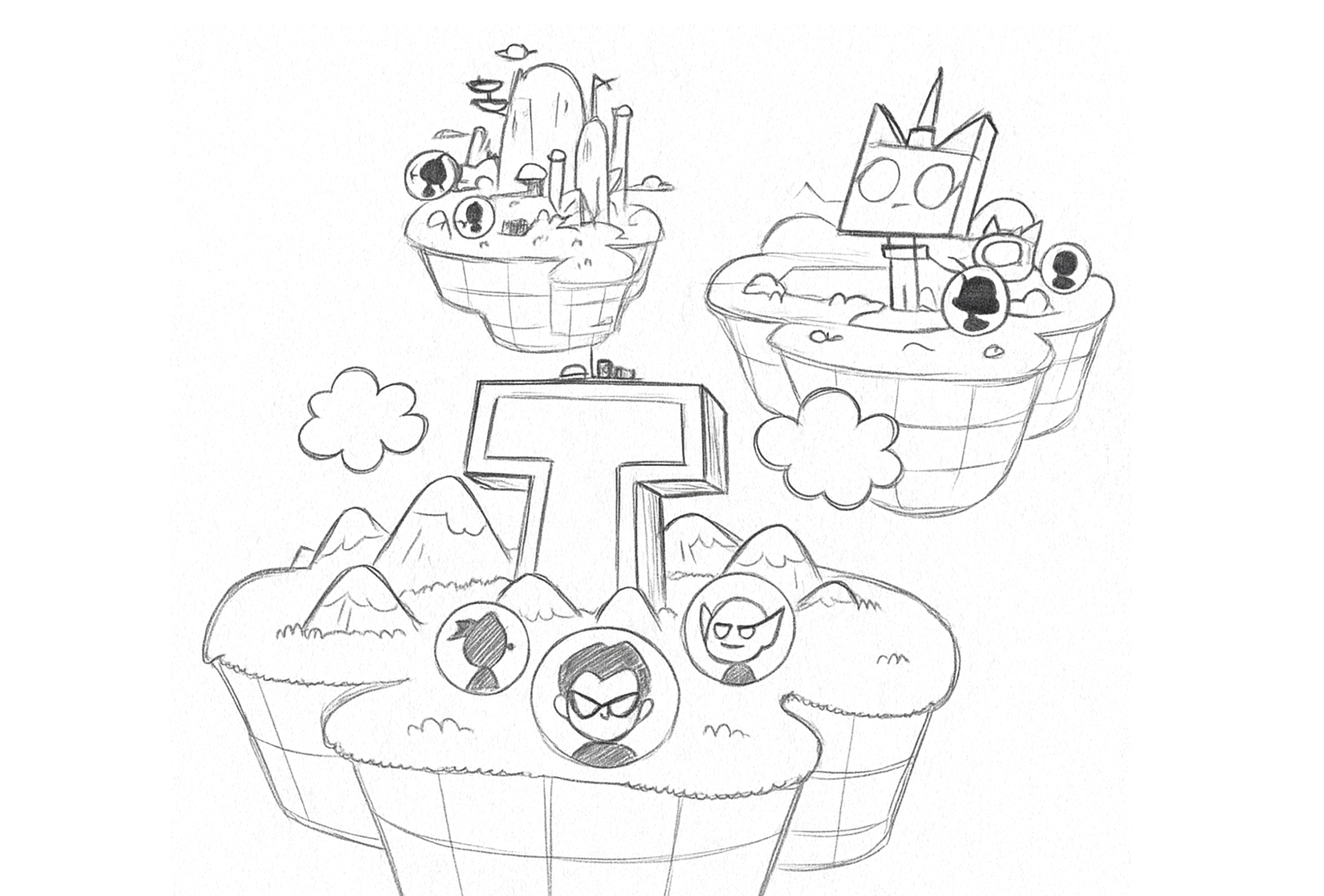 Early sketches for figure islands (surprisingly close to how it ended up looking)