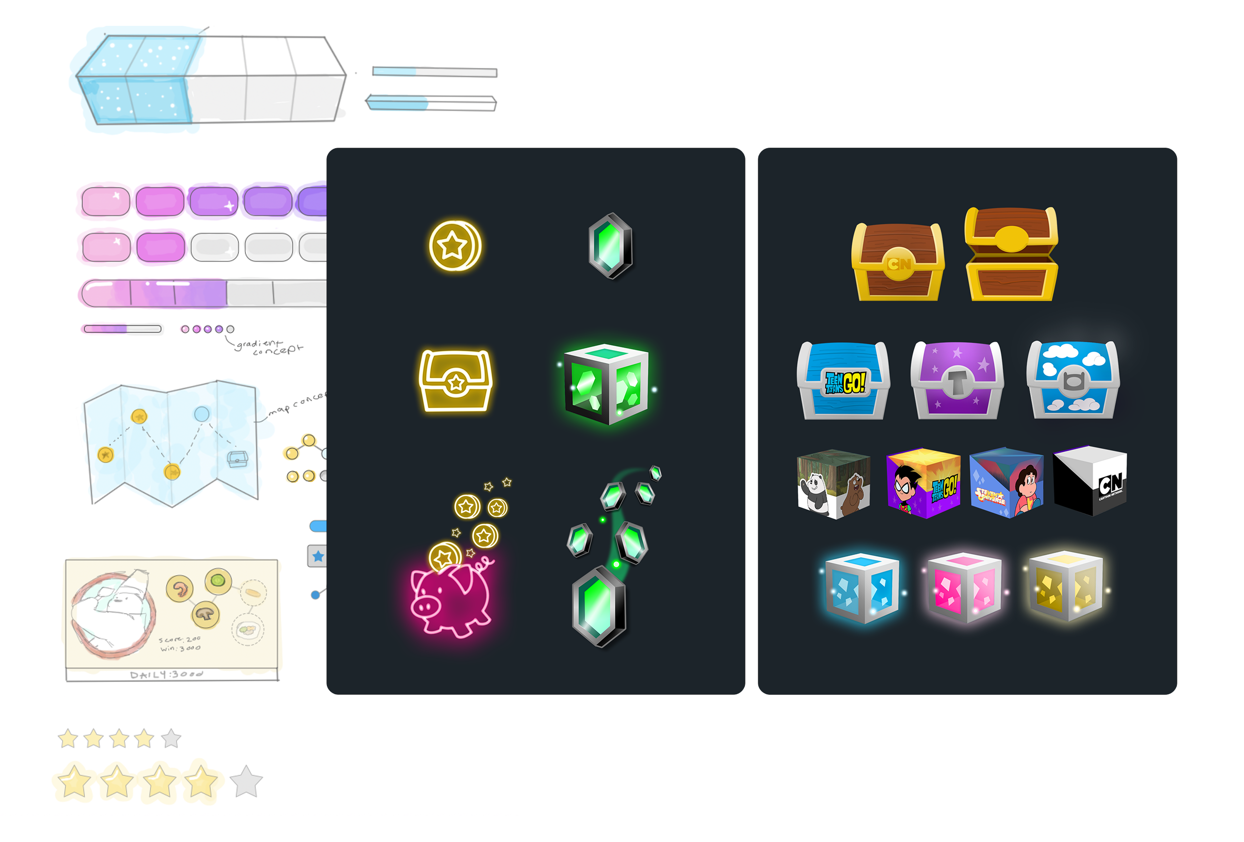 Sketches and more early concepting for game elements