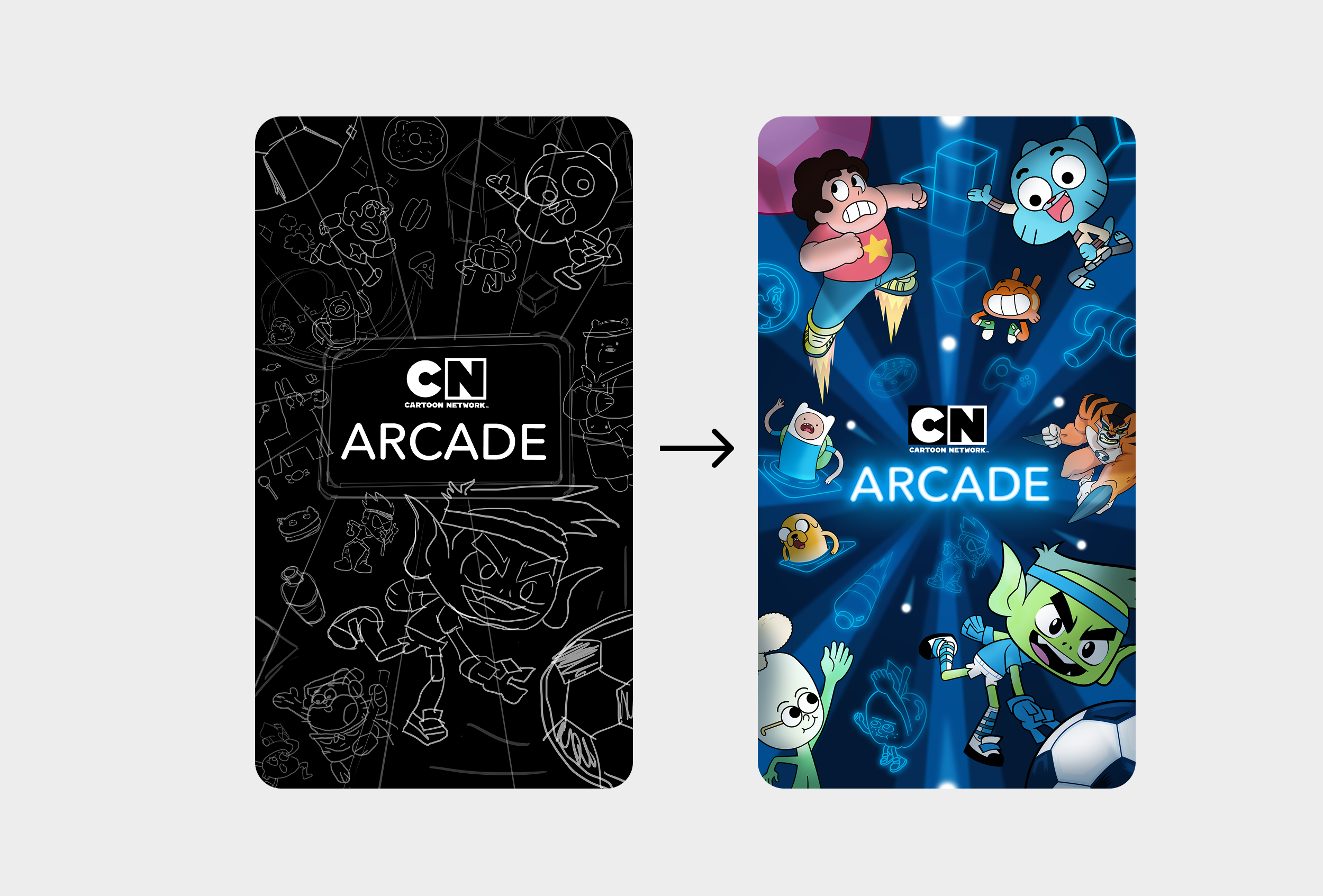 Chosen sketch and the outcome from working with an illustrator that could accurately draw characters