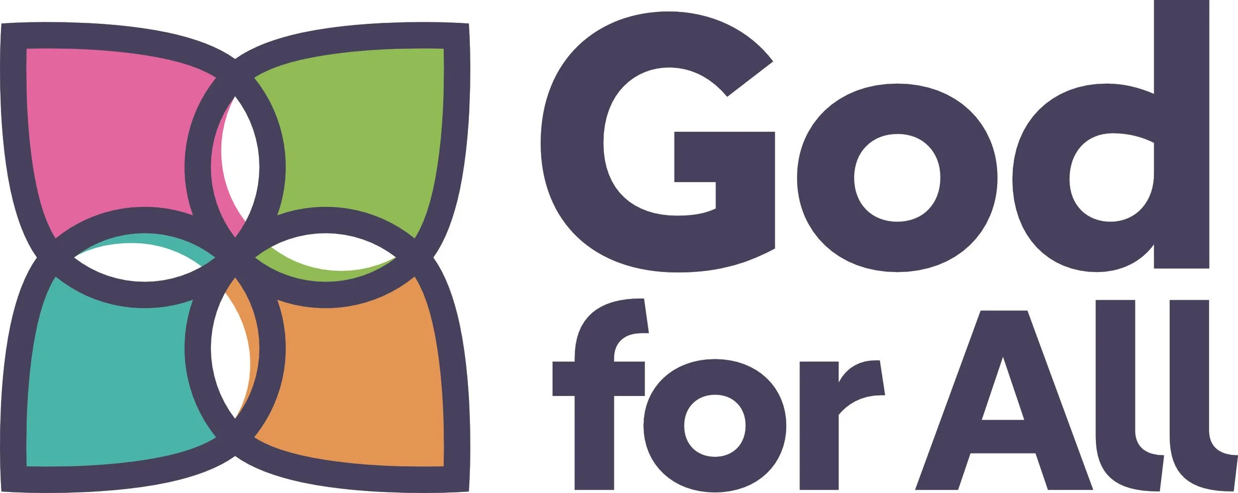Colorful logo with four interconnected petal shapes in pink, green, blue, and orange, next to the text 'God for All' in bold, dark font.