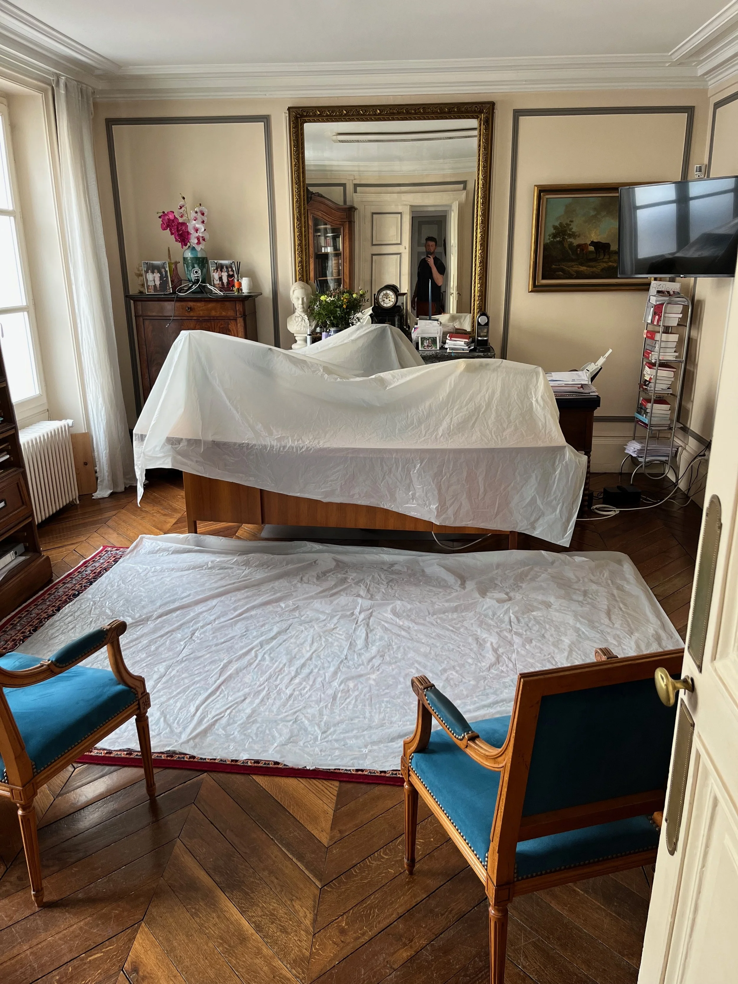 Une pièce élégante avec un parquet en bois, un grand miroir murale orné de dorures, deux fauteuils en bois avec assises en tissu bleu, une grande fenêtre avec rideaux blancs, un bureau encombré de papiers et d'objets, un téléviseur, un tableau représ