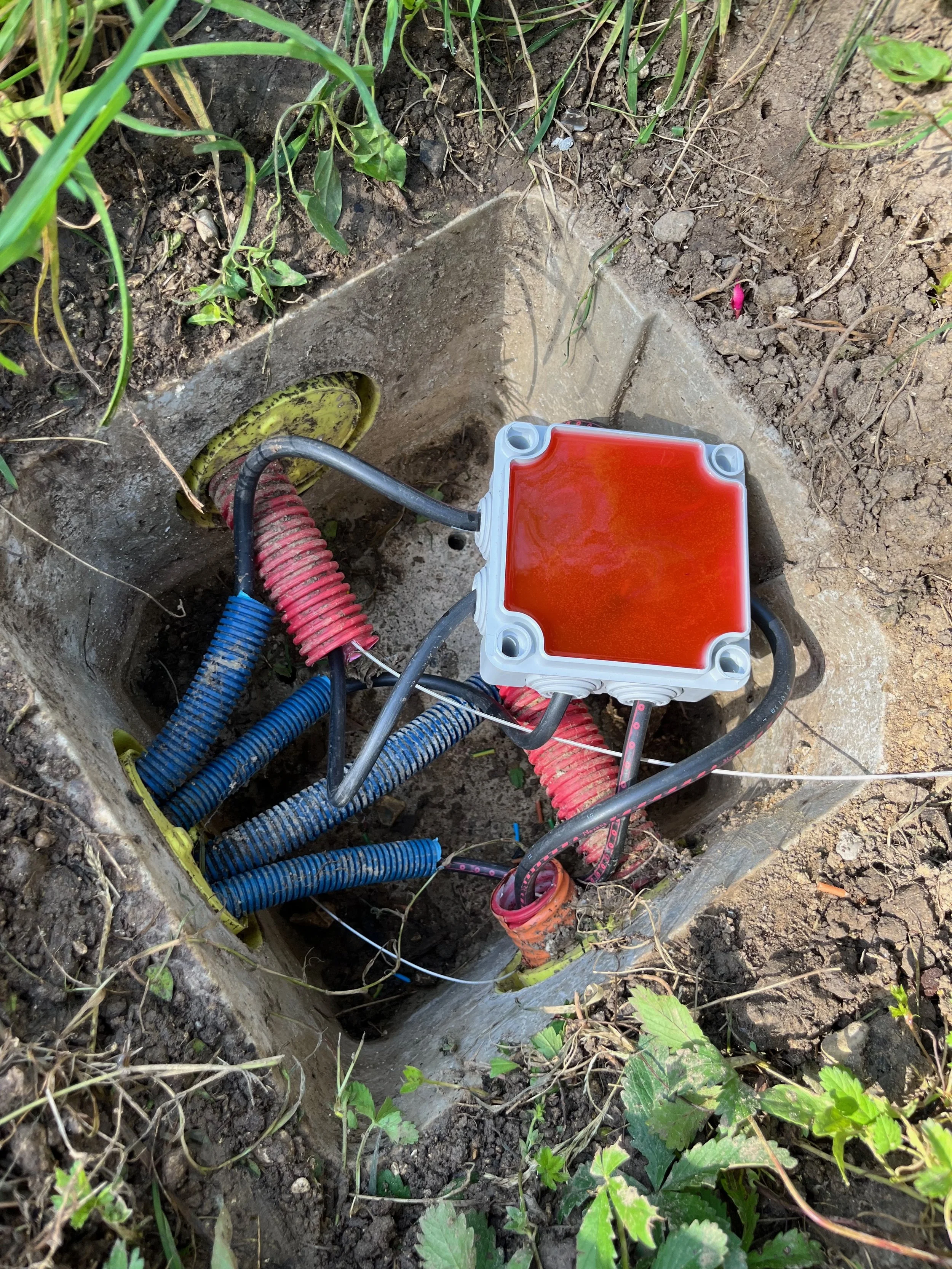 Coffret électrique enterré avec câbles rouges, bleus et noirs, dans une fosse, avec une boîte de connexion contenant un liquide rouge, en plein air dans un environnement herbeux.