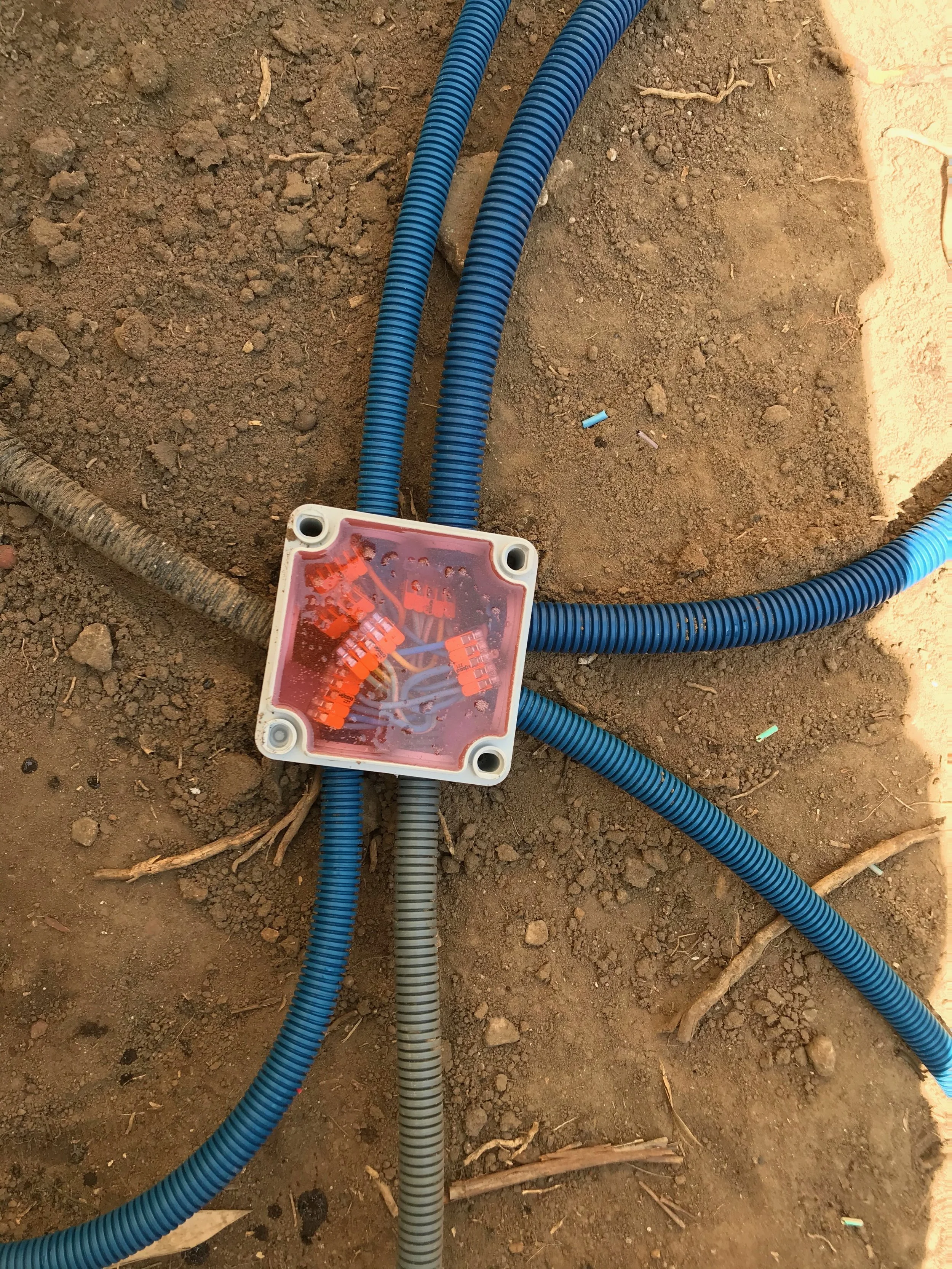 Un tableau de distribution électrique installé dans le sol avec plusieurs conduits électriques bleus et un gris s'y connectant, certains des conduits étant enterrés dans la terre.