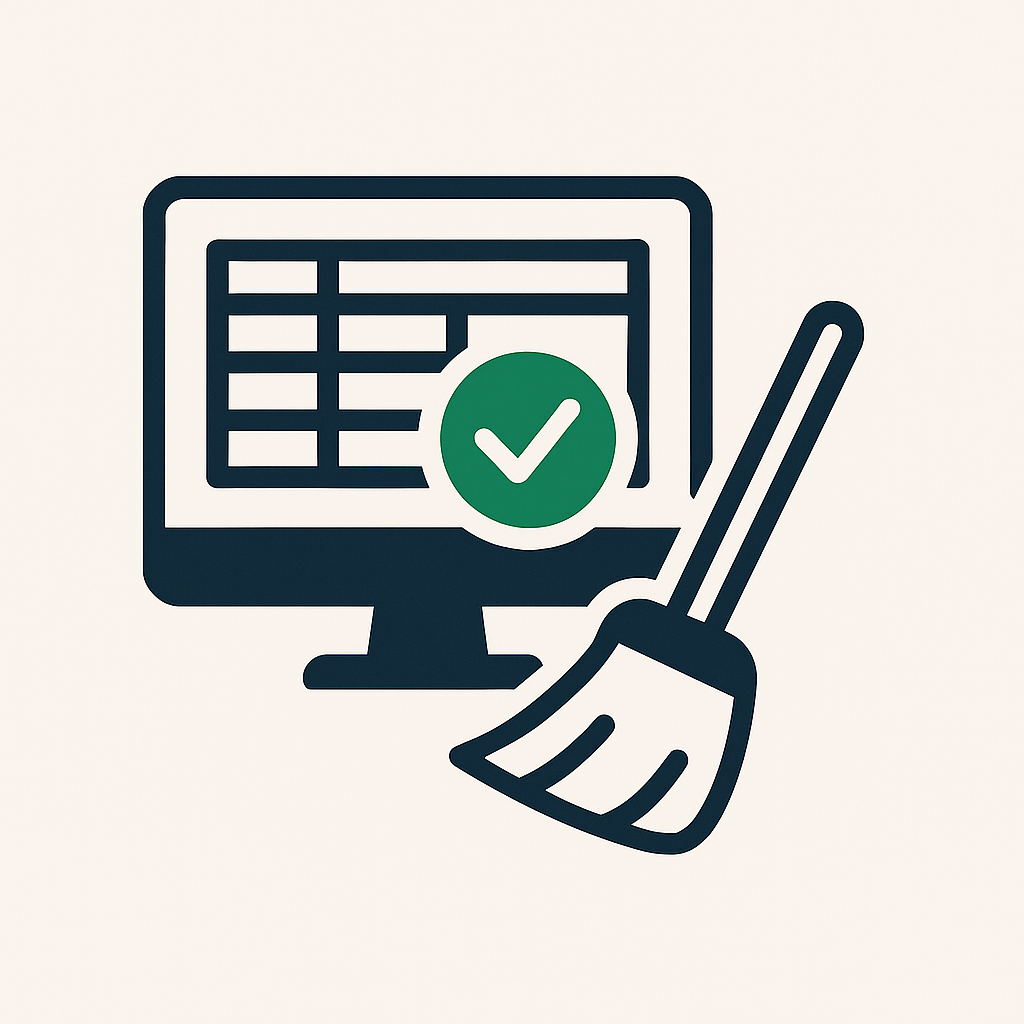 MRP data cleansing illustration with computer monitor, checkmark, and broom symbolising system clean-up.