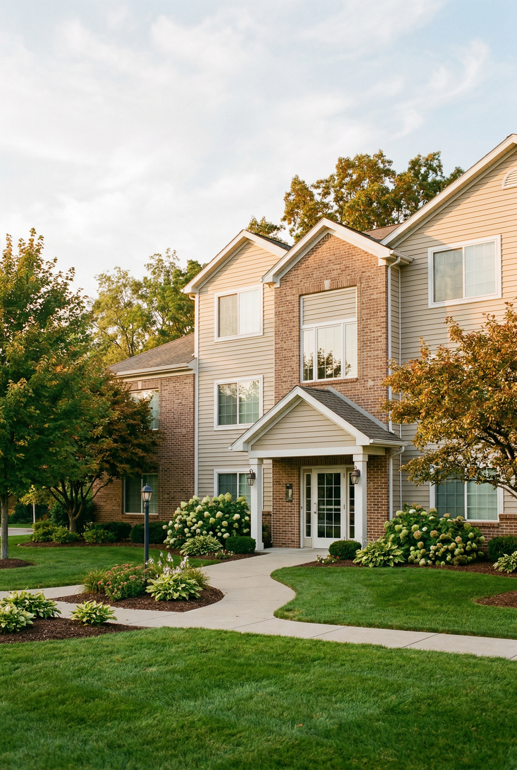 Well-maintained residential condominium exterior in West Michigan with manicured landscaping and warm evening light — property maintenance for out-of-state owners by Boone Property Company
