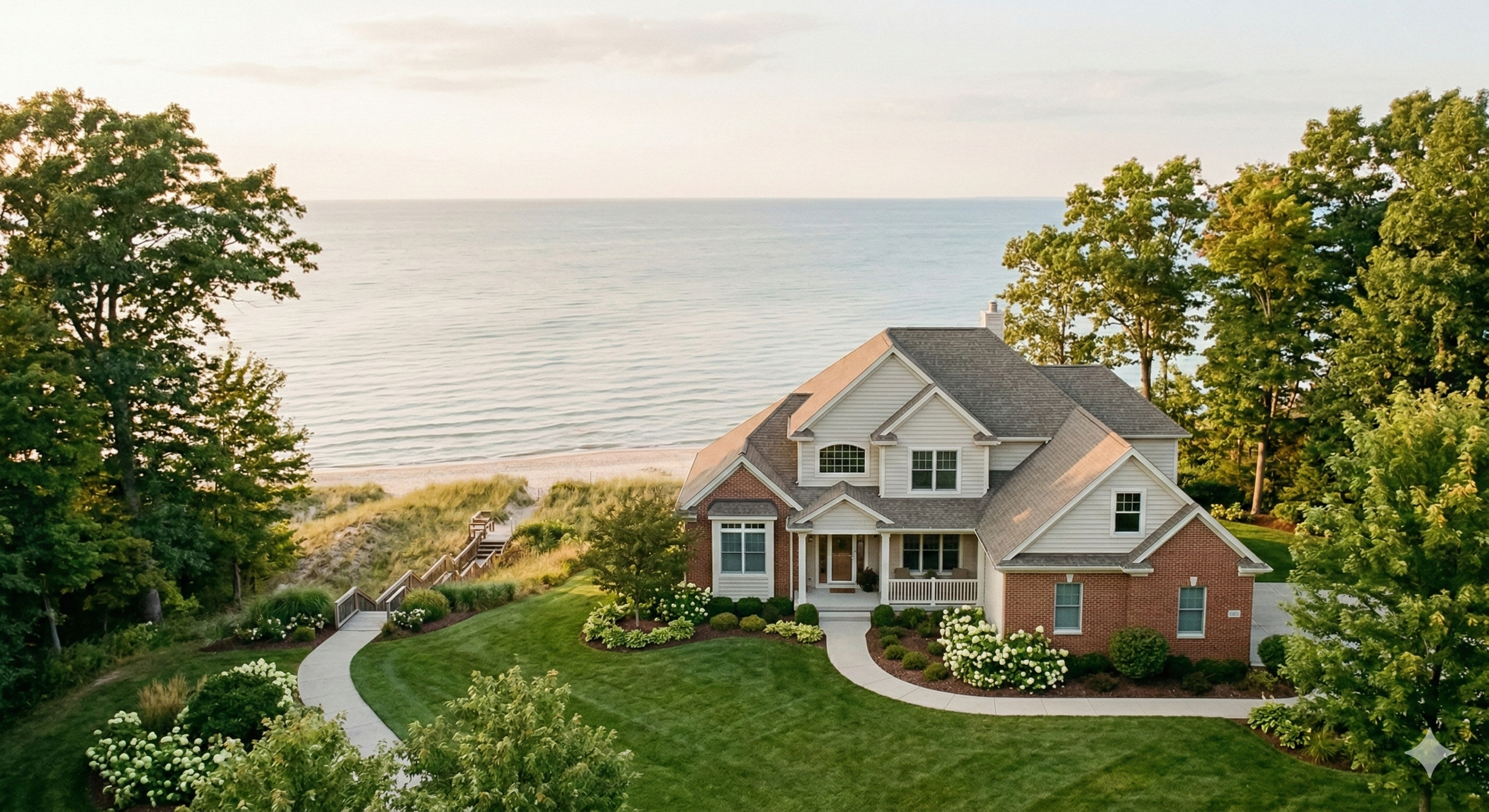 Well-maintained West Michigan lake house viewed from the water surrounded by mature trees — trusted property maintenance for out-of-state owners by Boone Property Company