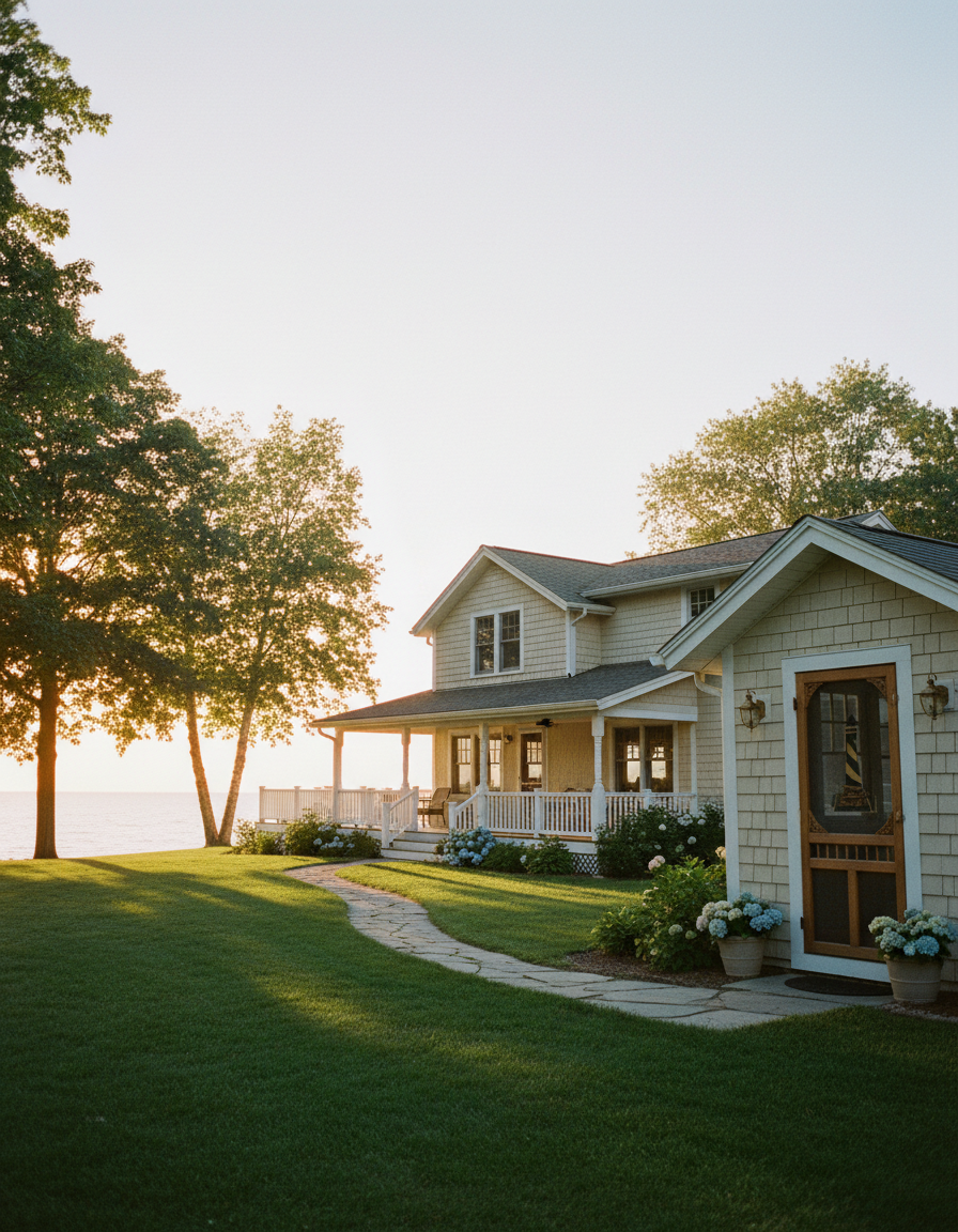 Well-maintained lakeside vacation rental cottage in West Michigan with wraparound porch, hydrangeas, and Lake Michigan at sunset — serviced by Boone Property Company