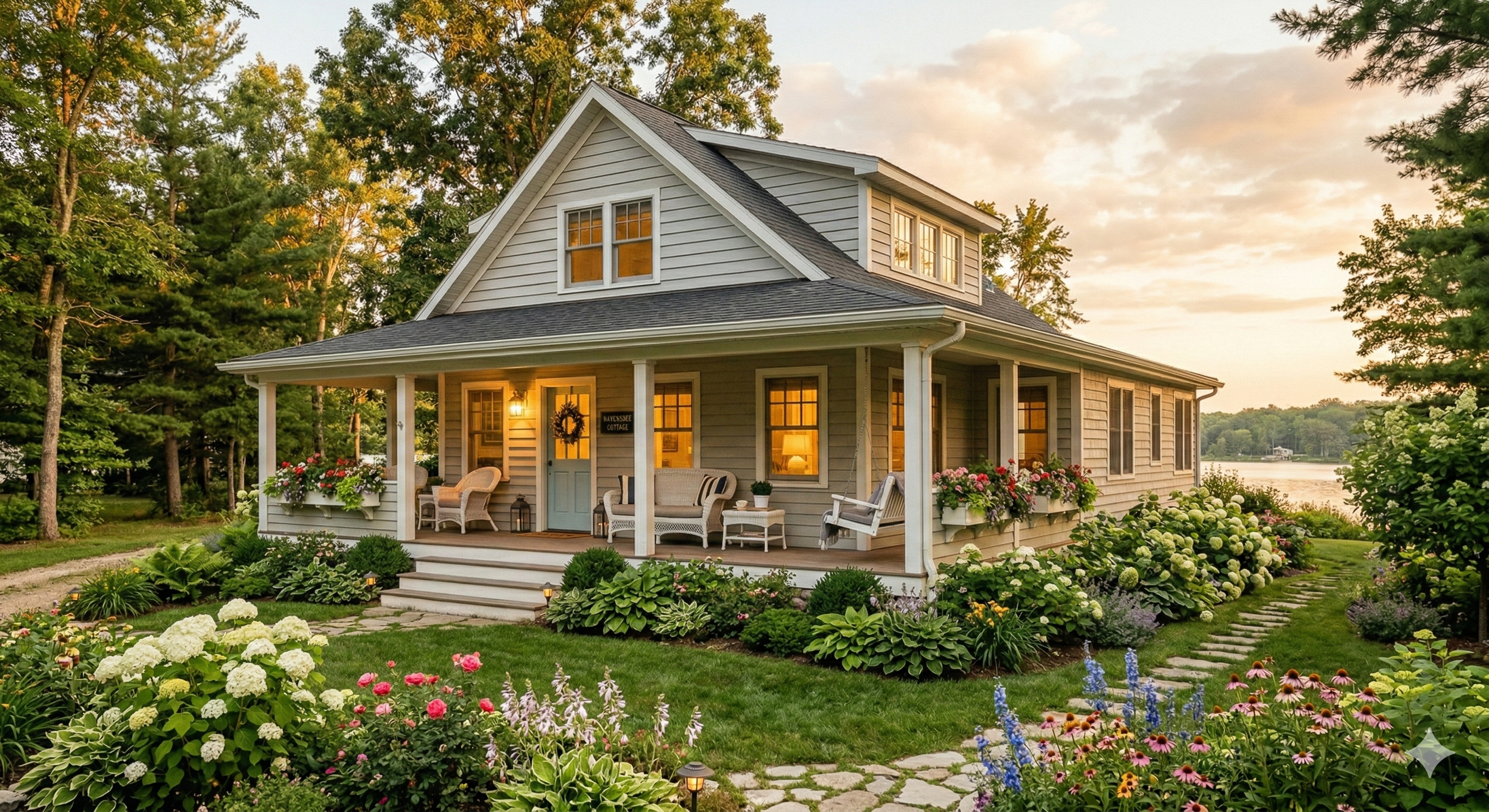 Charming West Michigan vacation rental cottage at golden hour — short-term rental property maintenance by Boone Property Company