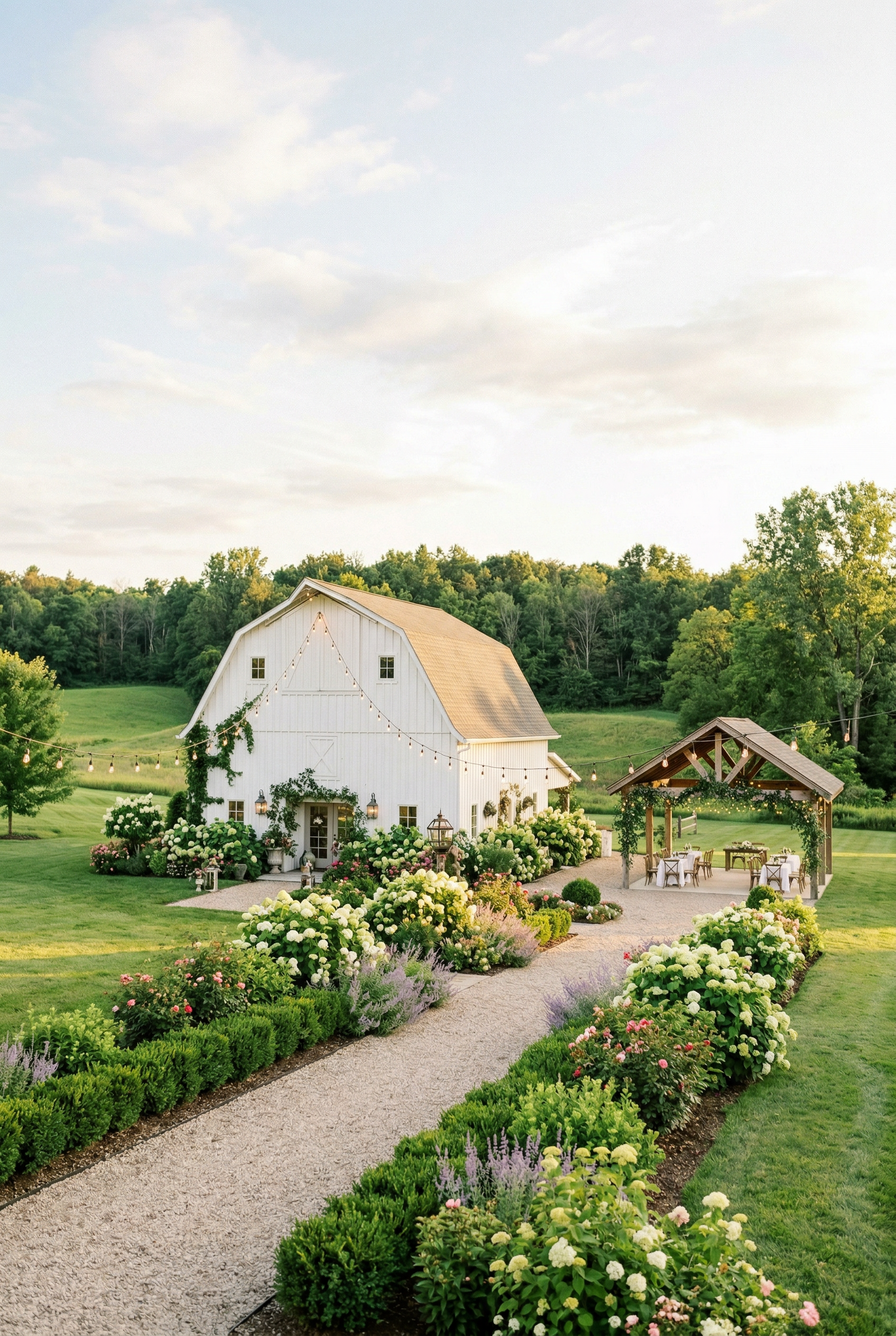 Well-maintained wedding venue exterior in West Michigan with manicured gardens and warm golden hour light — event property maintenance by Boone Property Company