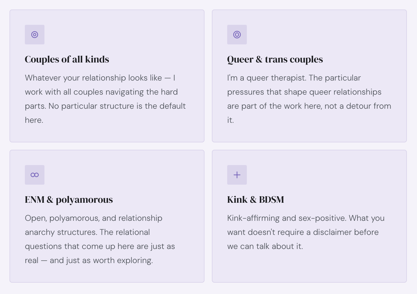 Four purple boxed sections with titles and text about different relationship topics, including couples of all kinds, queer and trans couples, ENM and polyamorous structures, and kink and BDSM.