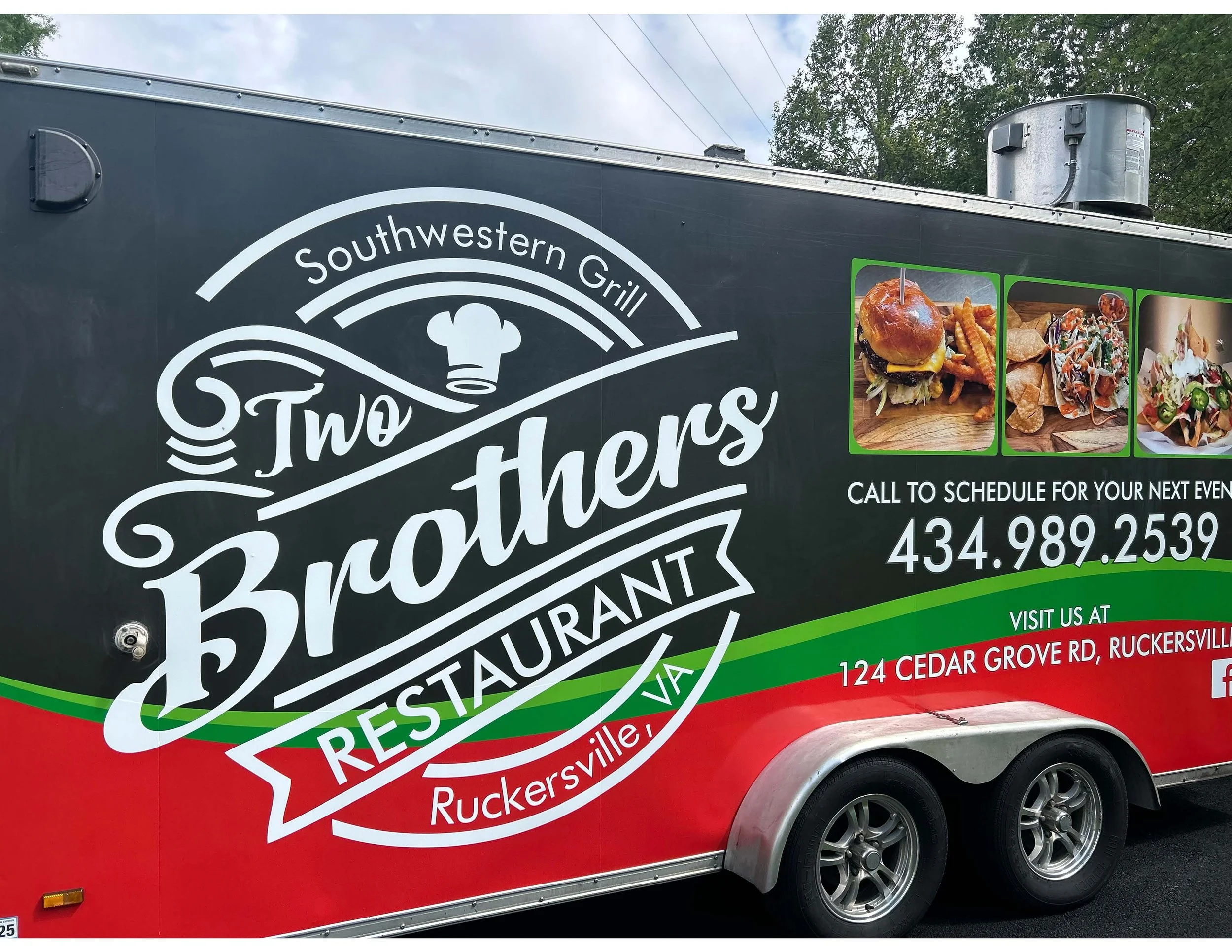 A food truck with branding for Two Brothers Southwestern Grill, located in Ruckersville, VA. The truck features images of a burger, nachos, tacos, and a salad, along with contact and location information.